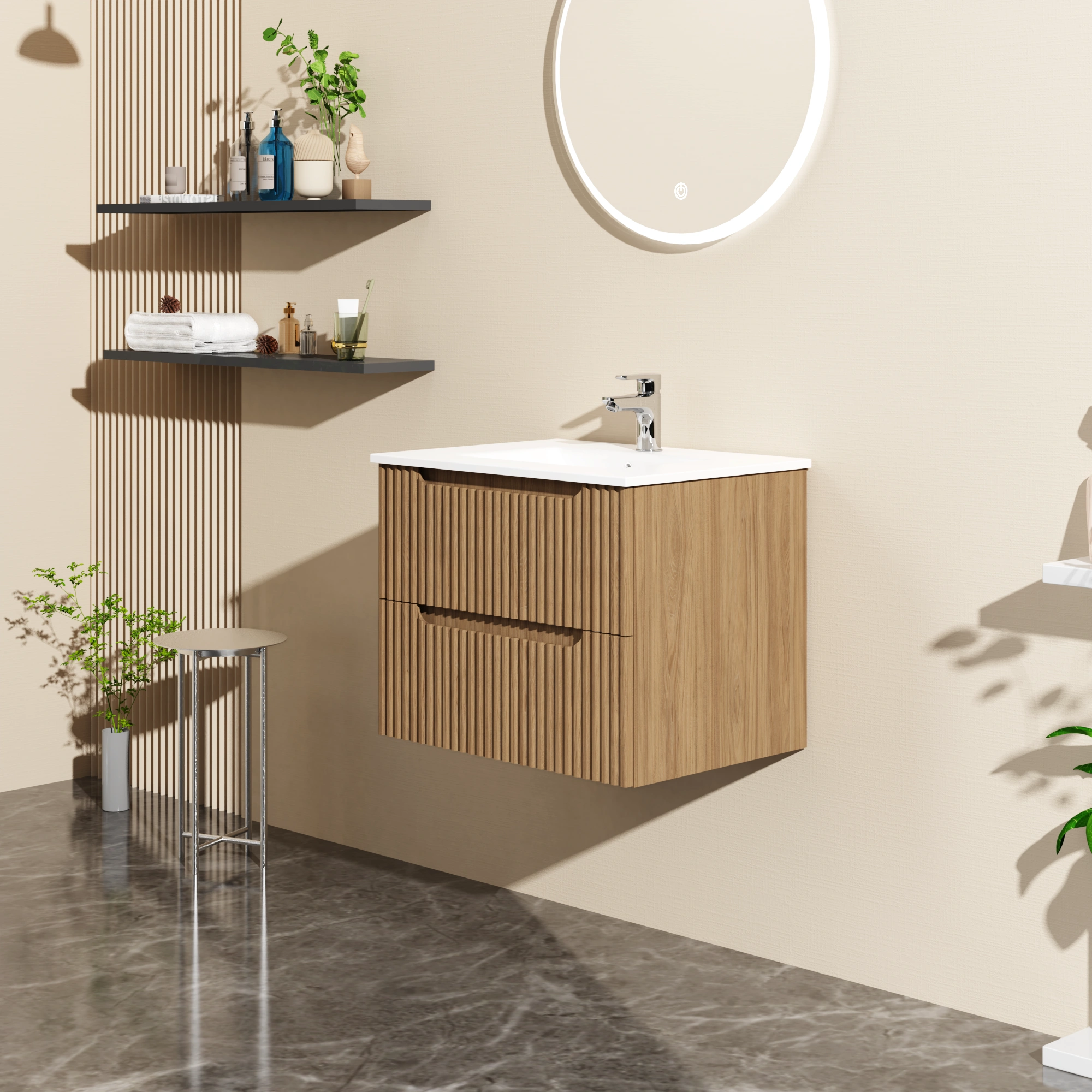 Goodyo 24" Floating Bathroom Vanity Cabinet with White Basin Sink, Wall Mount Bathroom Vanity with Storage, Walnut Finish view 2