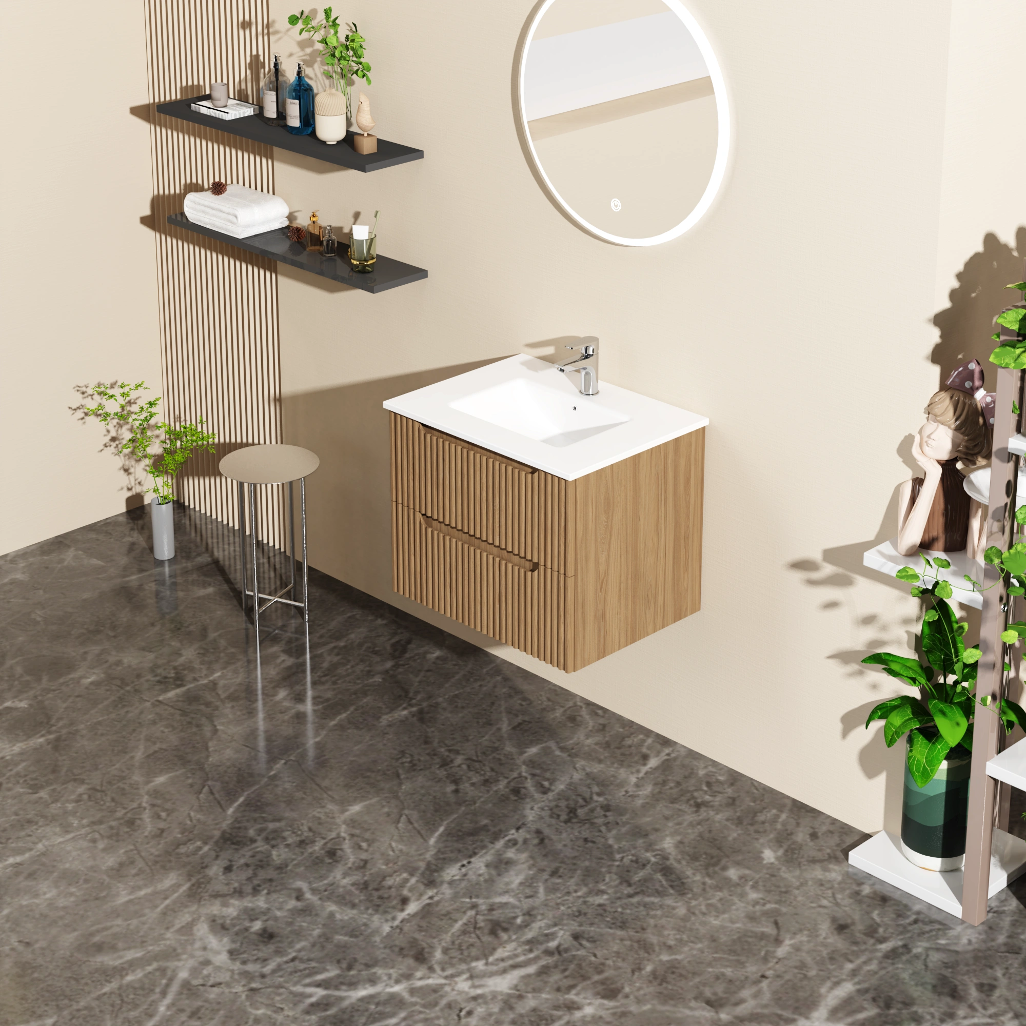 Goodyo 24" Floating Bathroom Vanity Cabinet with White Basin Sink, Wall Mount Bathroom Vanity with Storage, Walnut Finish view 3
