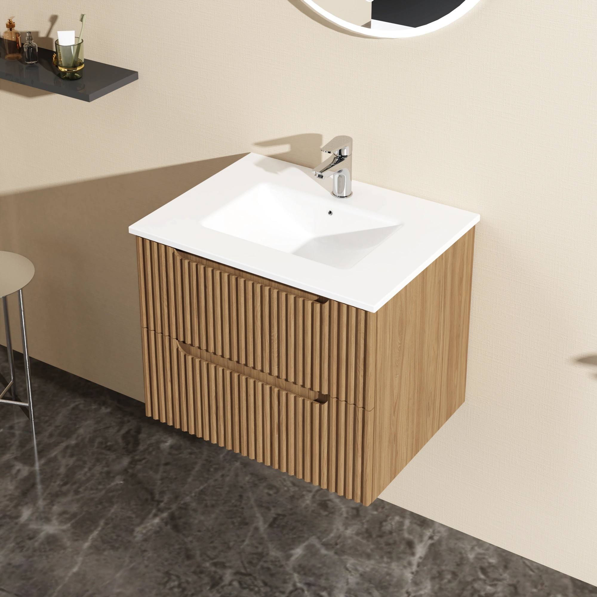Goodyo 24" Floating Bathroom Vanity Cabinet with White Basin Sink, Wall Mount Bathroom Vanity with Storage, Walnut Finish view 5
