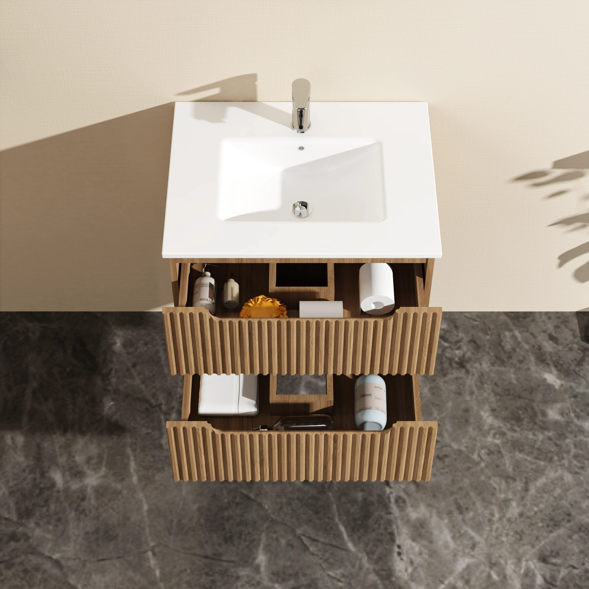 Goodyo 24" Floating Bathroom Vanity Cabinet with White Basin Sink, Wall Mount Bathroom Vanity with Storage, Walnut Finish view 6