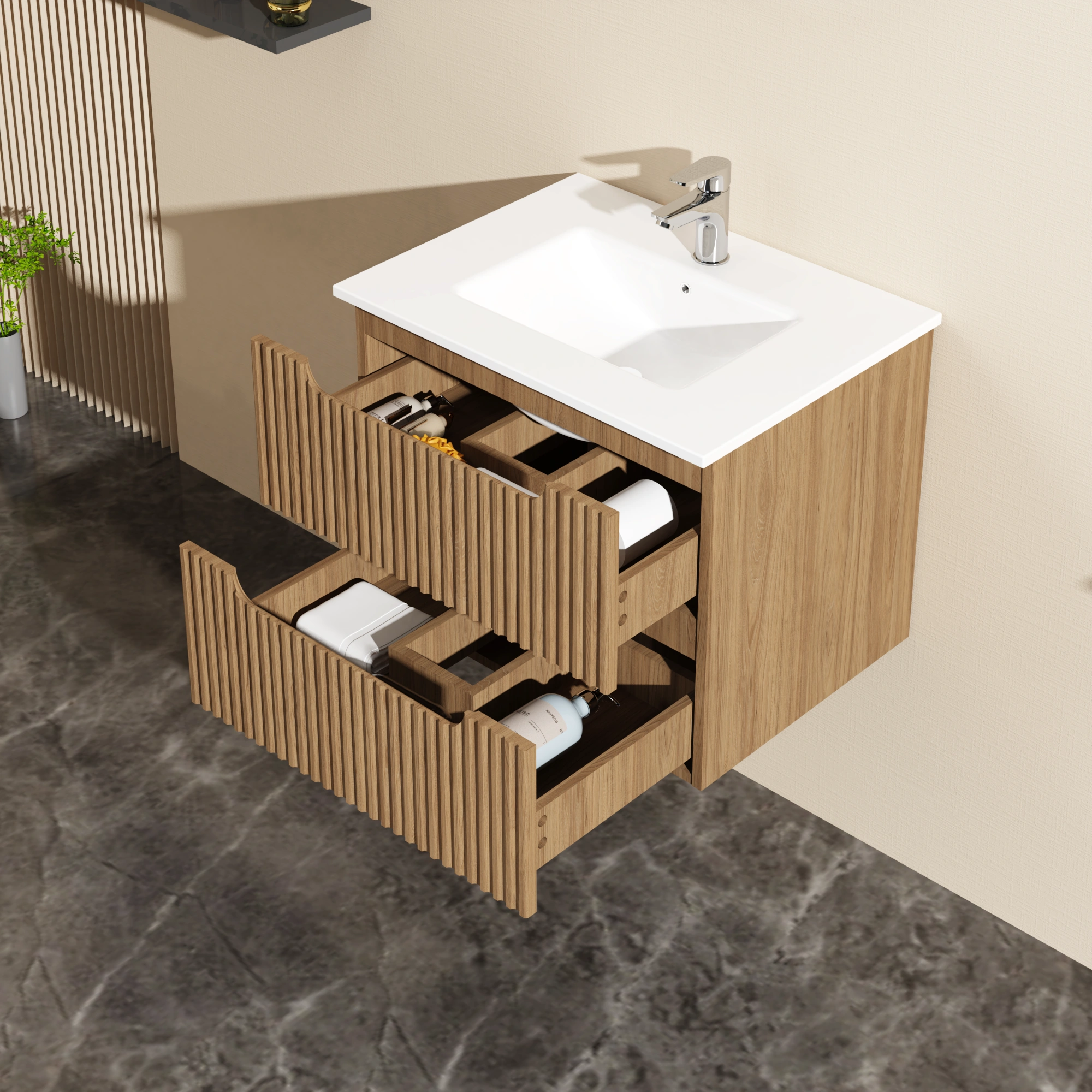 Goodyo 24" Floating Bathroom Vanity Cabinet with White Basin Sink, Wall Mount Bathroom Vanity with Storage, Walnut Finish view 7