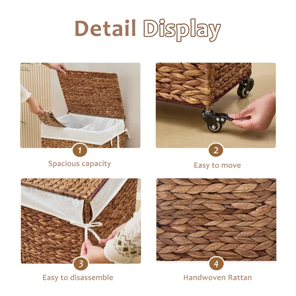 100L 2-Section Laundry Hamper with Lid and Wheels, Woven Natural Water Hyacinth Rolling Laundry Hamper view 4