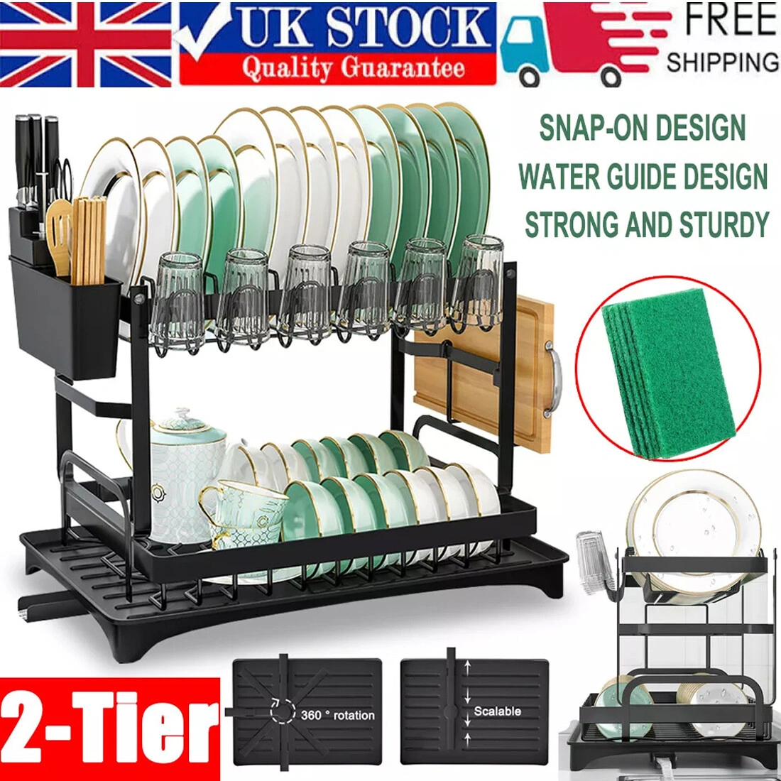 2-Tier Kitchen Sink Dish Drying Rack with Drip Tray, Cutlery Holder & Plate Organizer Stand view 3