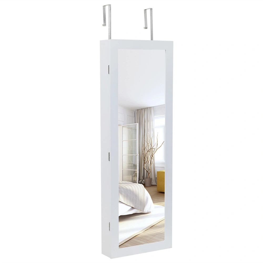 White Wooden Wall Mount Jewelry Mirror Cabinet, 4-Tier Shelf, 2 Drawers, 8 Blue LED Lights, Non-Full Mirror Storage Armoire view 2
