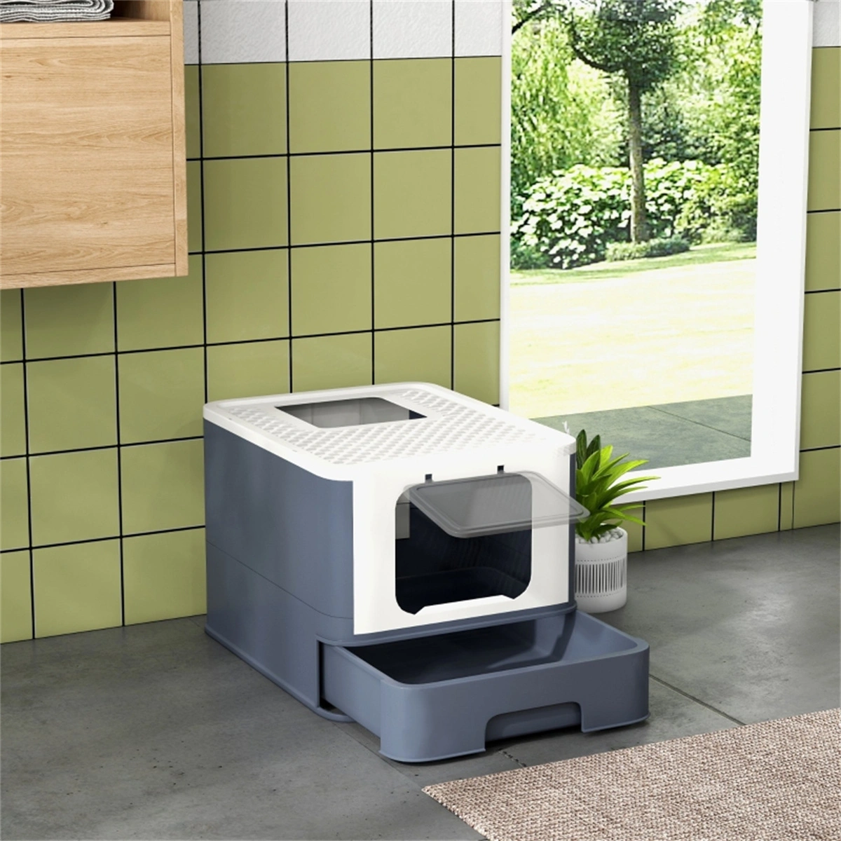 White Large Cat Litter Box - Front Entry Top Exit, with Matching Scoop