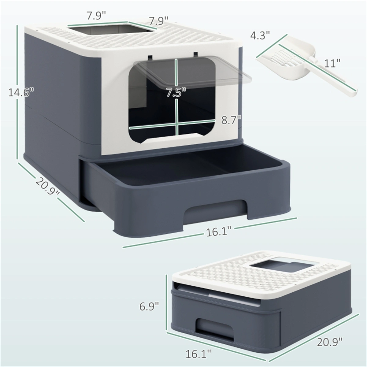 White Large Cat Litter Box - Front Entry Top Exit, with Matching Scoop view 2
