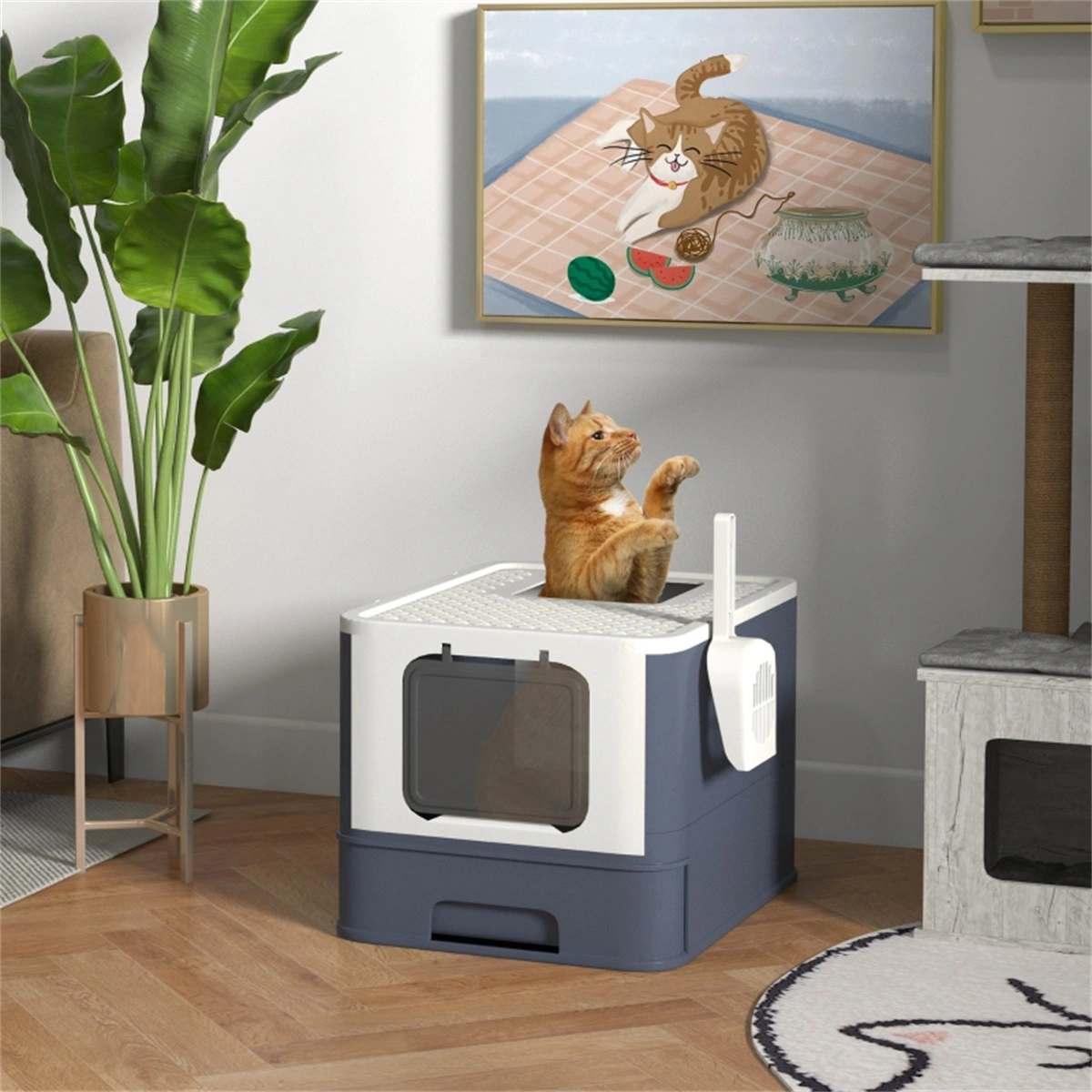 White Large Cat Litter Box - Front Entry Top Exit, with Matching Scoop view 8