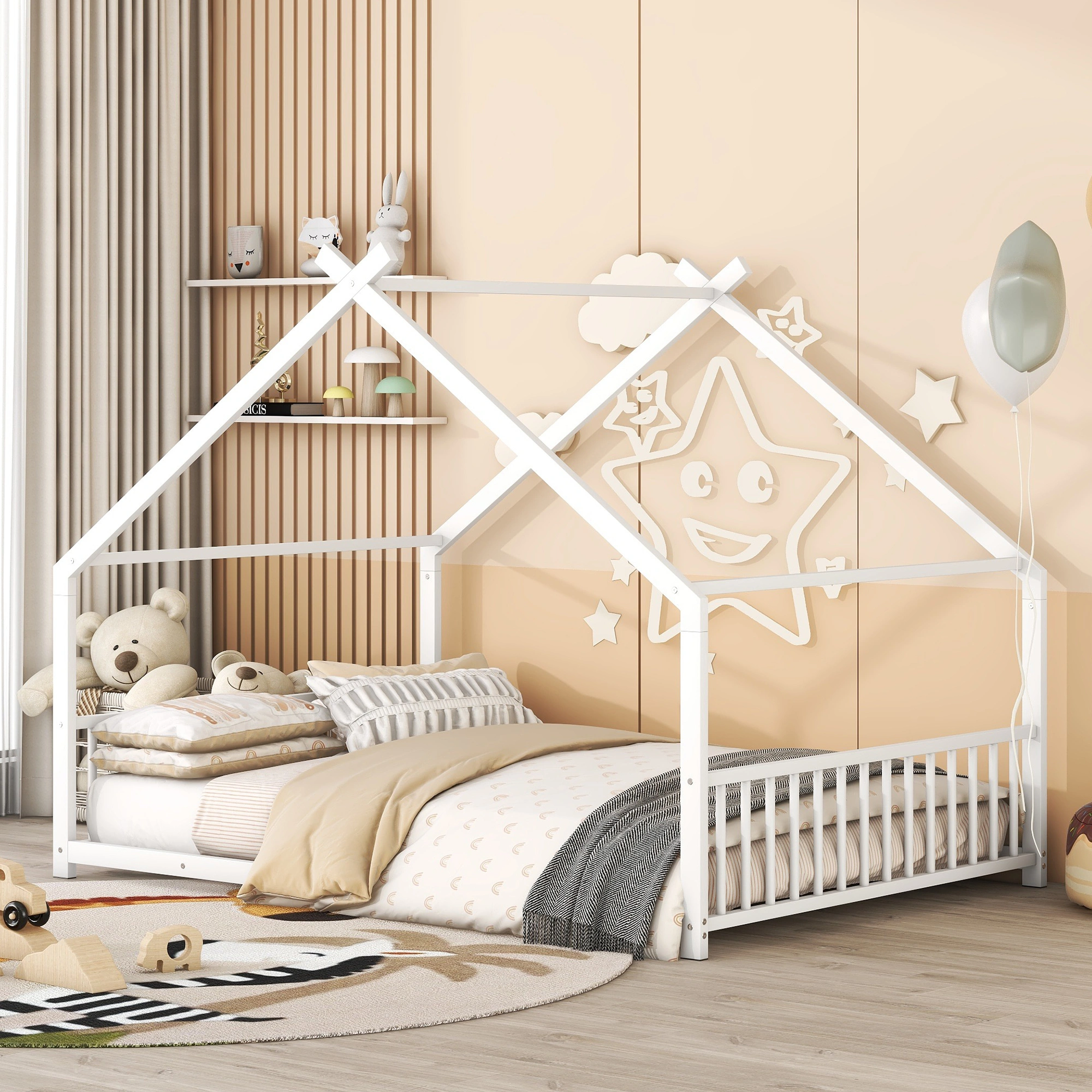 Full Size Metal House Bed Frame with Headboard & Footboard, White Steel Platform Bed for Bedroom view 6