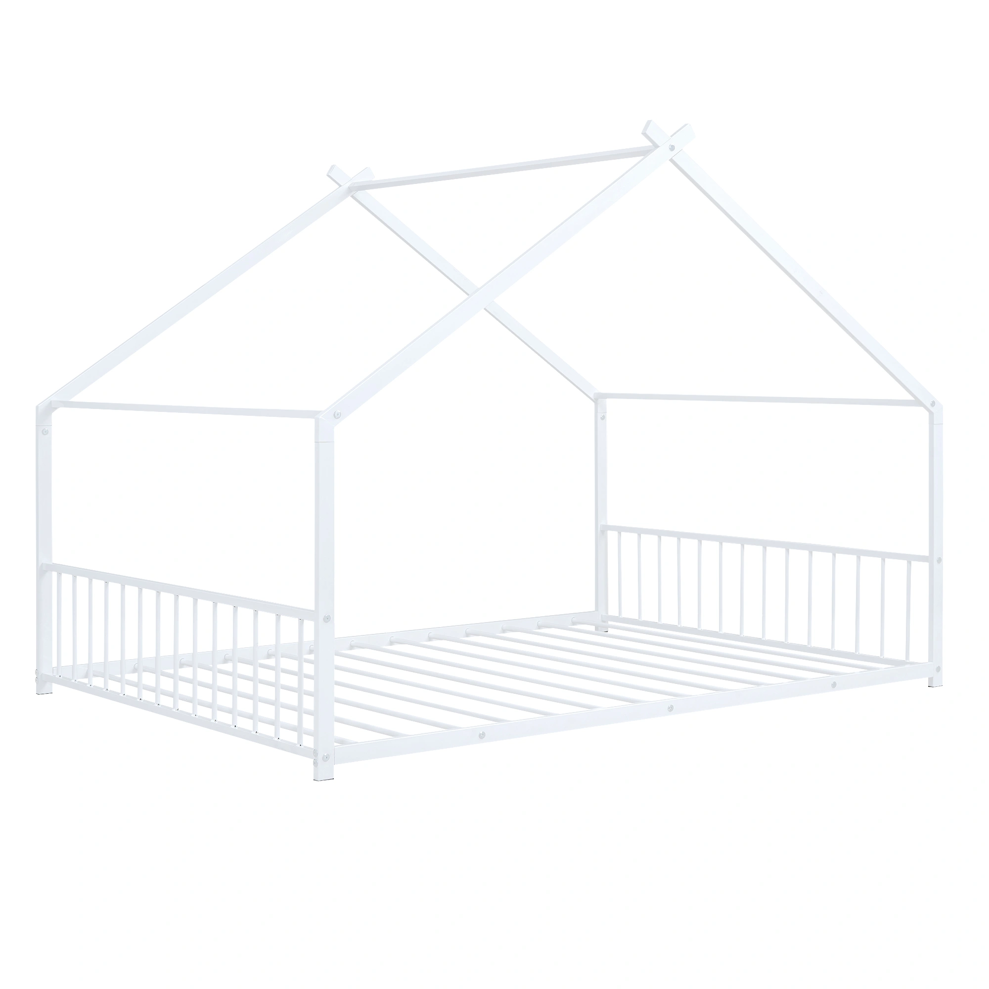 Full Size Metal House Bed Frame with Headboard & Footboard, White Steel Platform Bed for Bedroom view 9