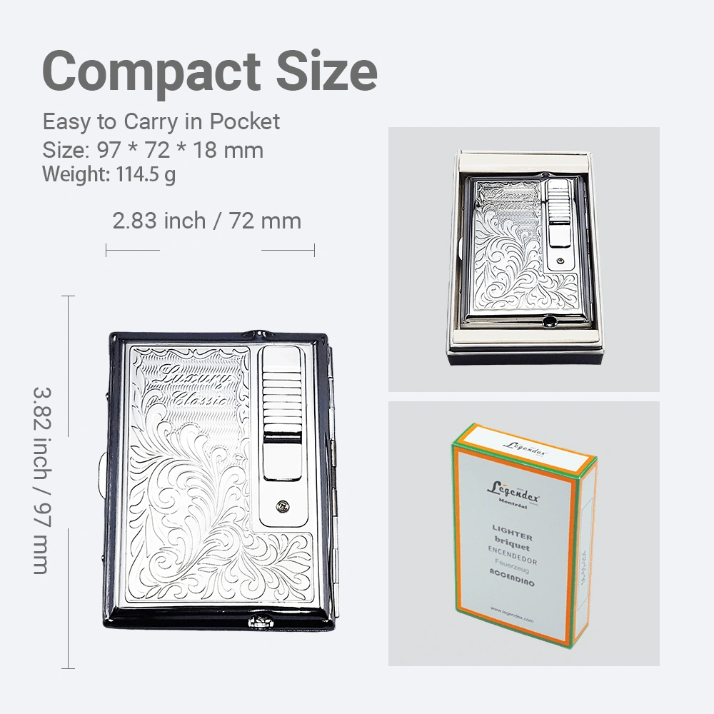 LEGENDEX ELEGANCE Cigarette Case with Turbo Lighter, Chrome Windproof Refillable Adjustable Jet Torch Case view 4