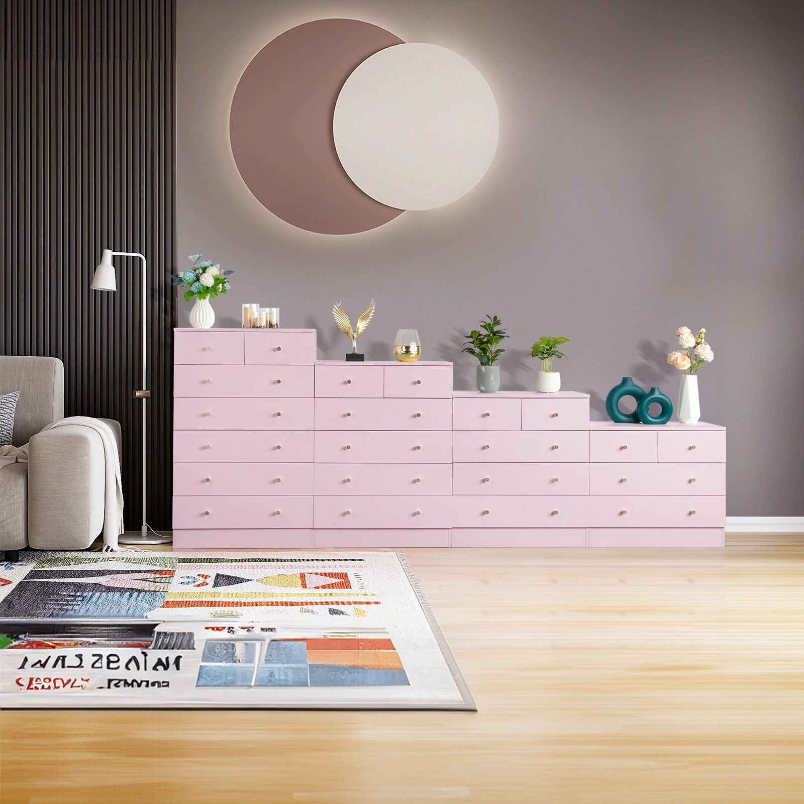 5-Tier 6-Drawer Cabinet with Matte Gold Handles Particleboard Melamine-Coated Storage Cabinet 25.98*12.99*35.04in Macaron Pink view 13