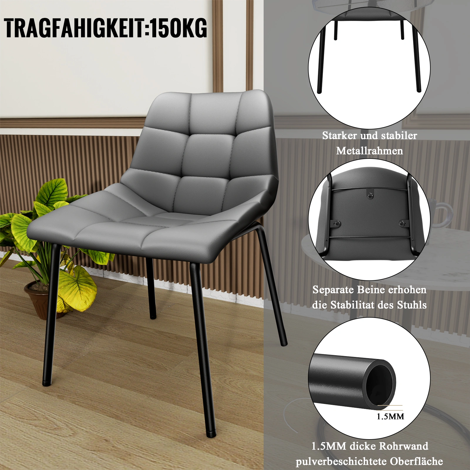 Modern Esszimmerstühle 6er Set, Kunstleder mit Hoher Rückenlehne, Gepolsterte Esstischstühle mit Metallfüßen, für Küche Wohnzimmer view 3