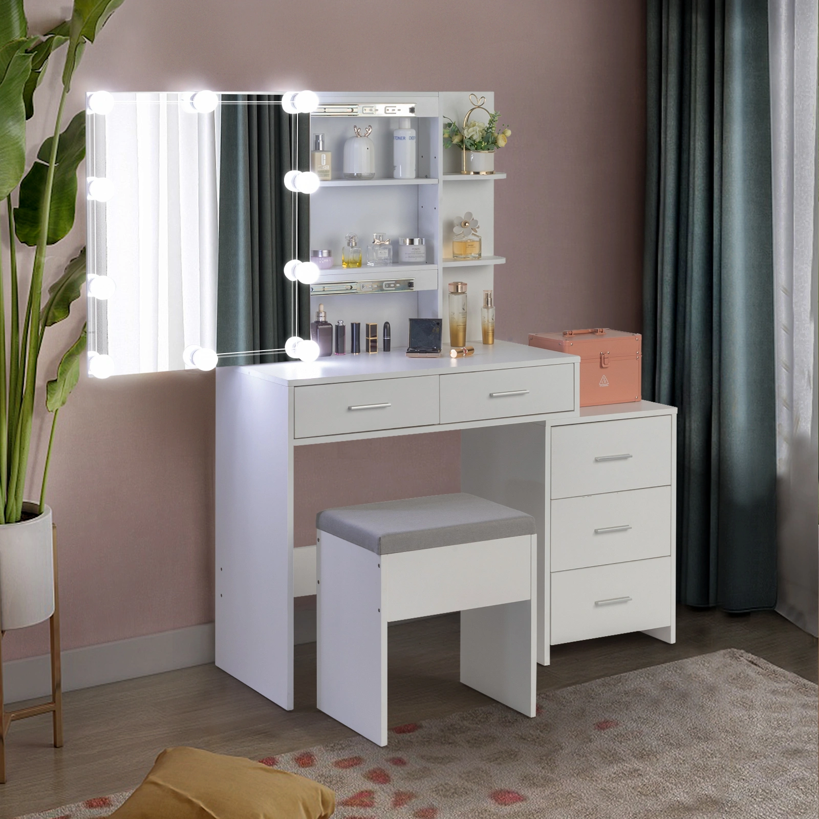 Particleboard Triamine Veneer 5 Pumps 2 Shelves Mirror Cabinet Three Dimming Light Bulb Dressing Table Set White view 10