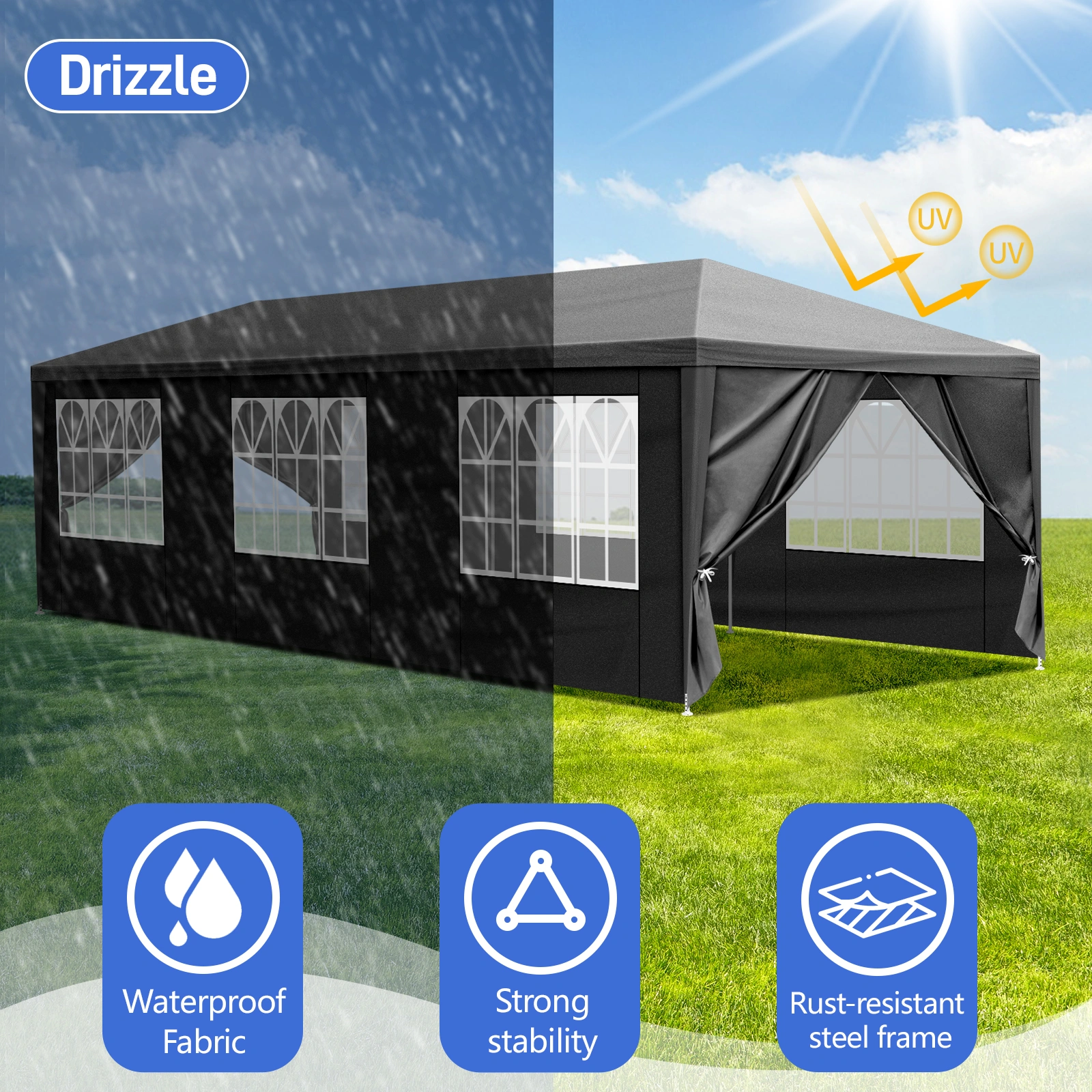 10'x30' Outdoor Party Tent with 8 Removable Sidewalls, Waterproof Canopy Patio Wedding Gazebo Black view 15