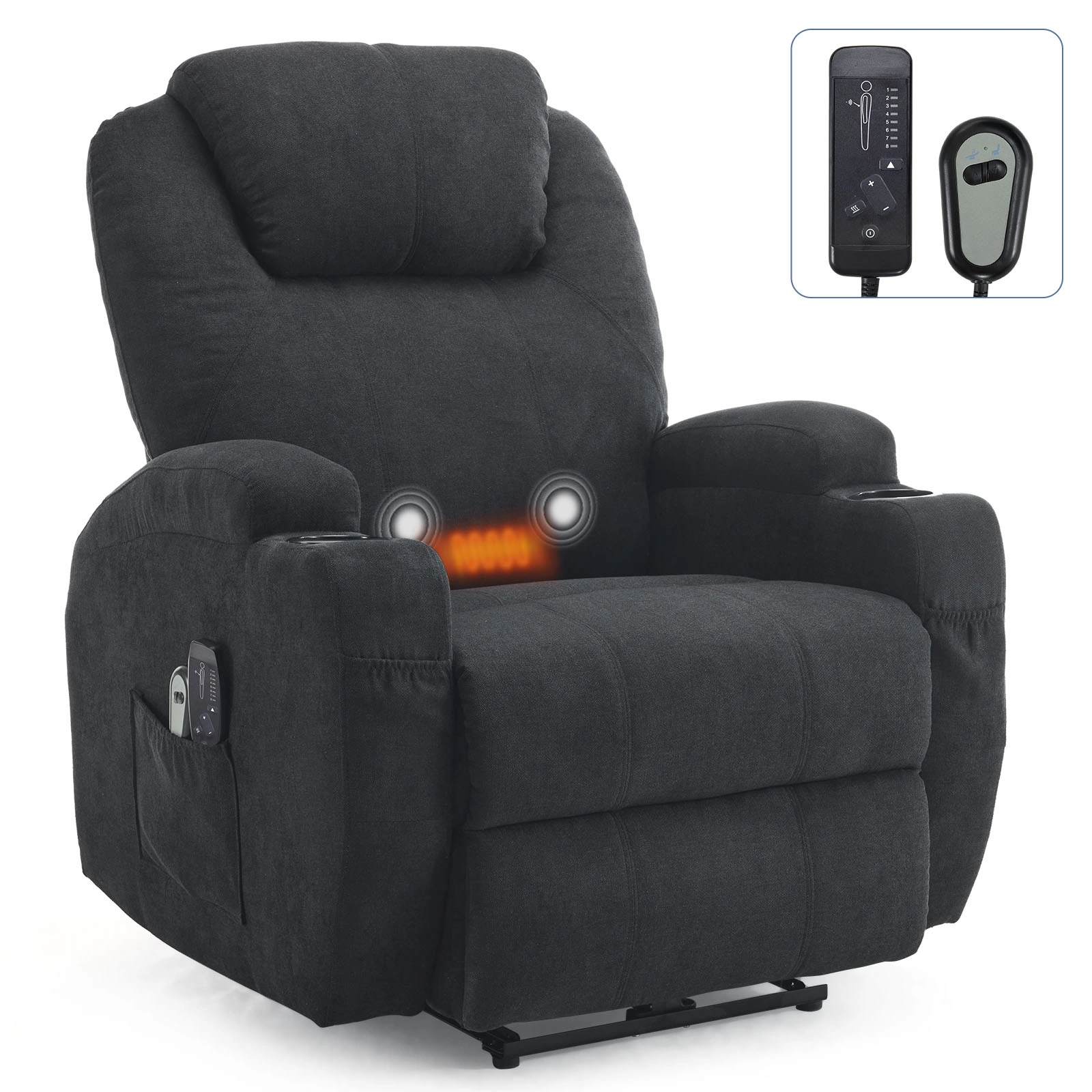 Black Fabric Electric Recliner Chair with 2-Point Massage & Heating, 120kg Weight Capacity, Adjustable Reclining Chair for Living Room