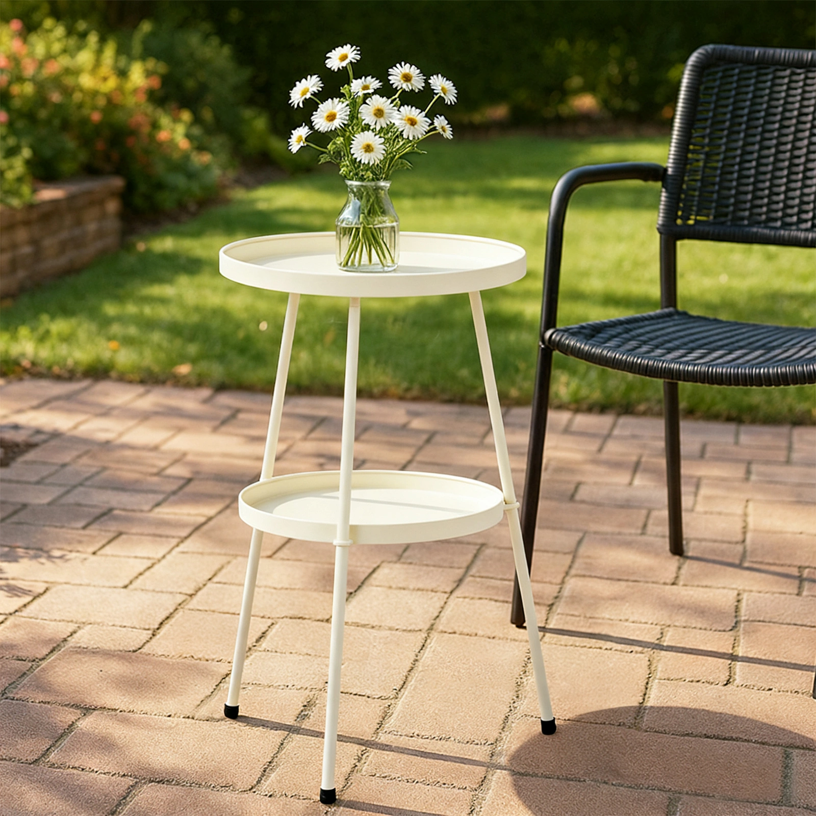 Patio Small Side Table, Round 2 Tier End Table, Metal Round Coffee Table for Indoor Outdoor, Cream White view 7