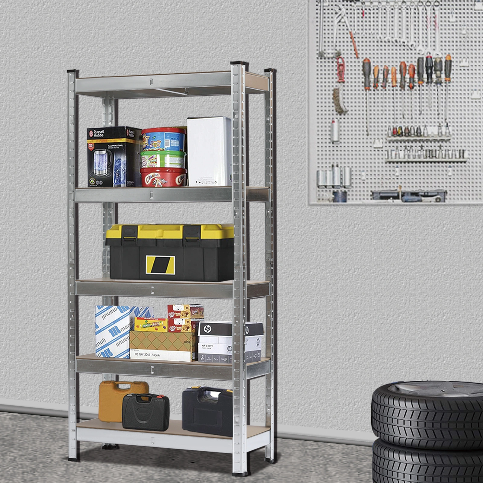 Heavy Duty 5 Tier Galvanized Metal Shelving Rack, Silver Garage Storage Shelf Unit UK view 2