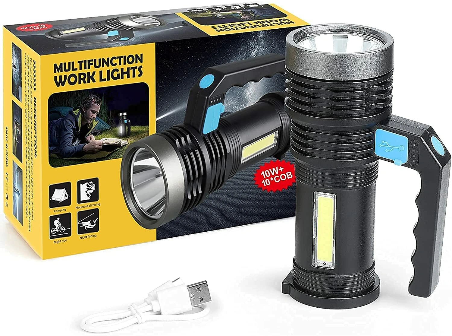 USB Rechargeable LED Flashlight Searchlight Spotlight Work Light Outdoor Camping Hiking