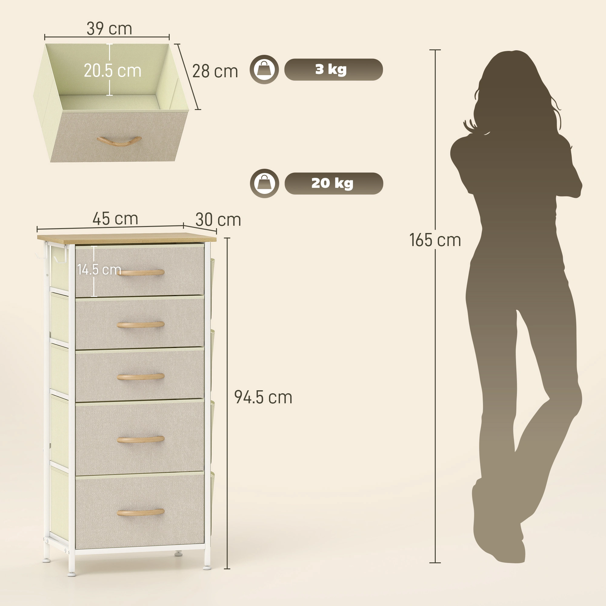 Farmhouse Wood Storage Chest 5-Drawer Tower, Tall Narrow Organizer Cabinet for Bathroom, Hallway & Small Spaces, White Wash Finish view 2