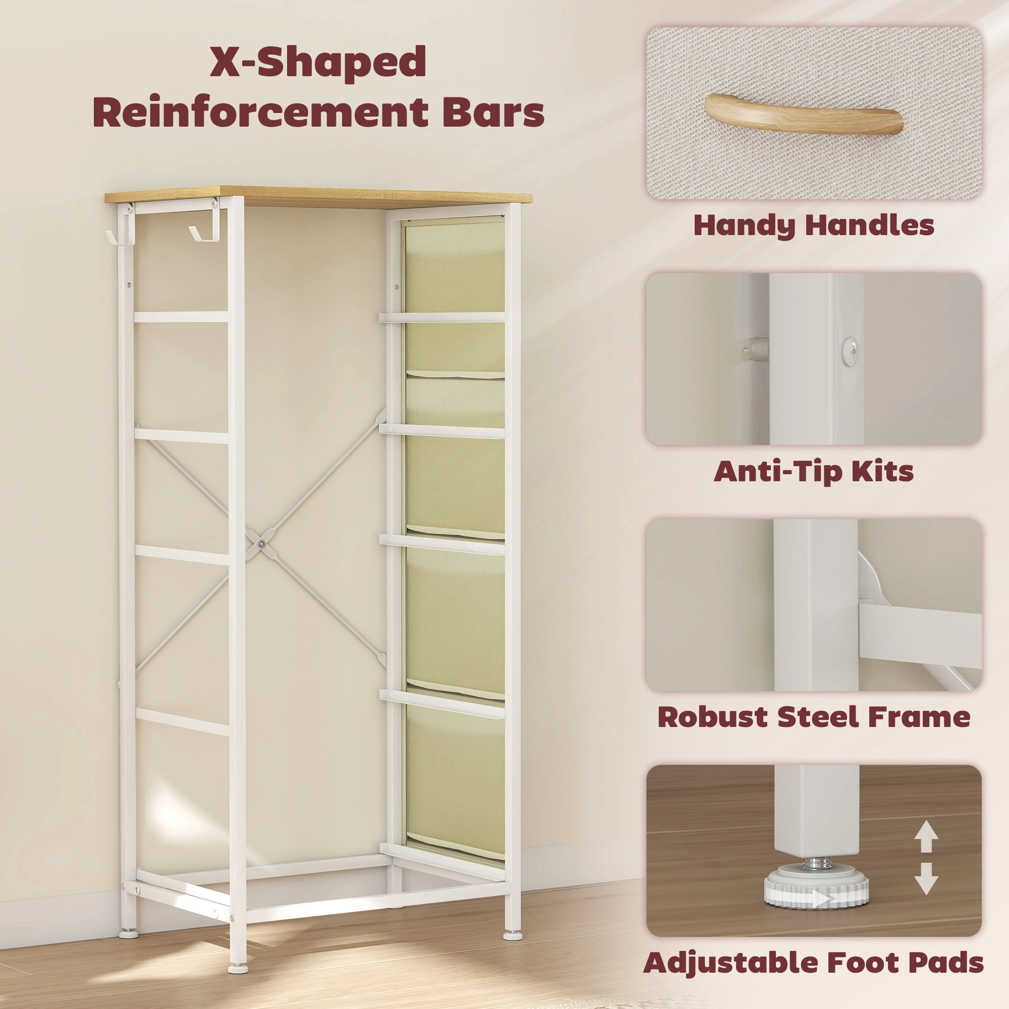 Farmhouse Wood Storage Chest 5-Drawer Tower, Tall Narrow Organizer Cabinet for Bathroom, Hallway & Small Spaces, White Wash Finish view 4