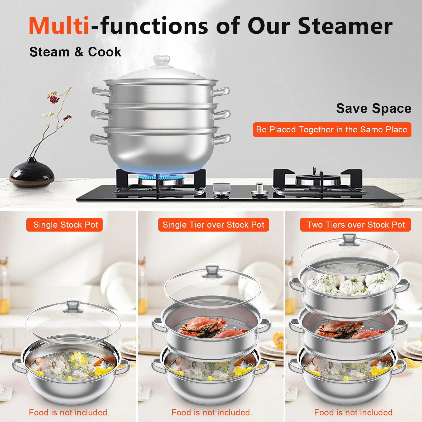 3-Tier Stainless Steel Steamer Pot with Glass Lid, Induction Hob Compatible Multi-Layer Food Steam Cooker Set view 2