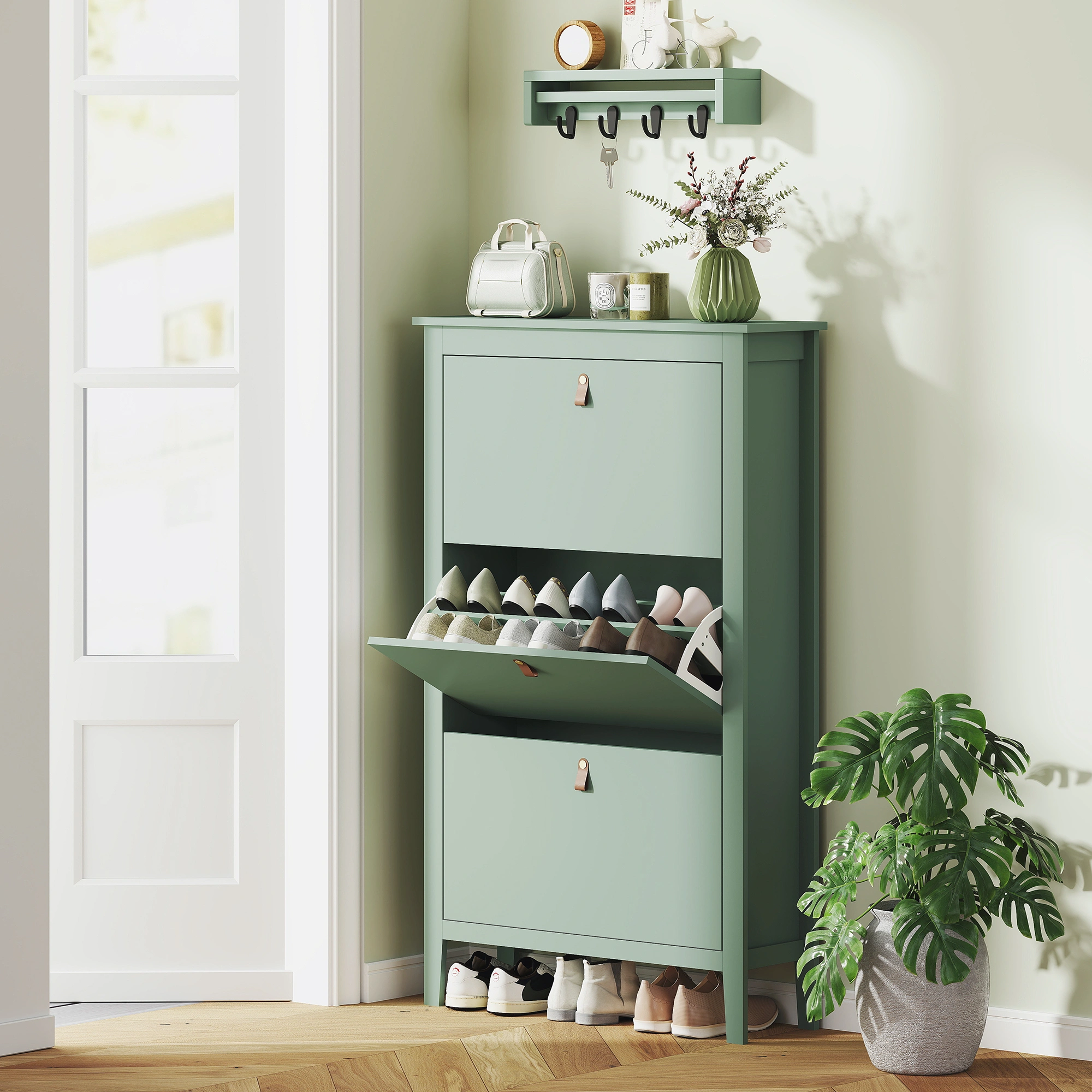 3-Drawer Shoe Cabinet, Space-Saving Entryway Storage Organizer with Wide Doors, Black Metal Frame