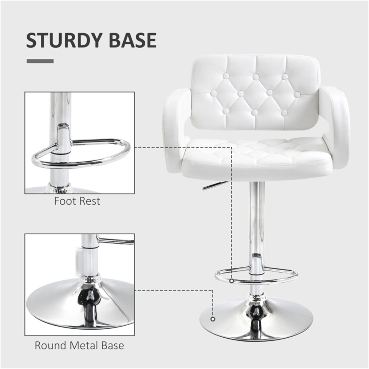 Set of 2 Bar Stools, 26 Inch Counter Height Dining Chair, Ergonomic Office Chair with Footrest, PU Leather Seat, Metal Legs, Grey, Adjustable Height, Stackable for Kitchen, Restaurant, Café view 2