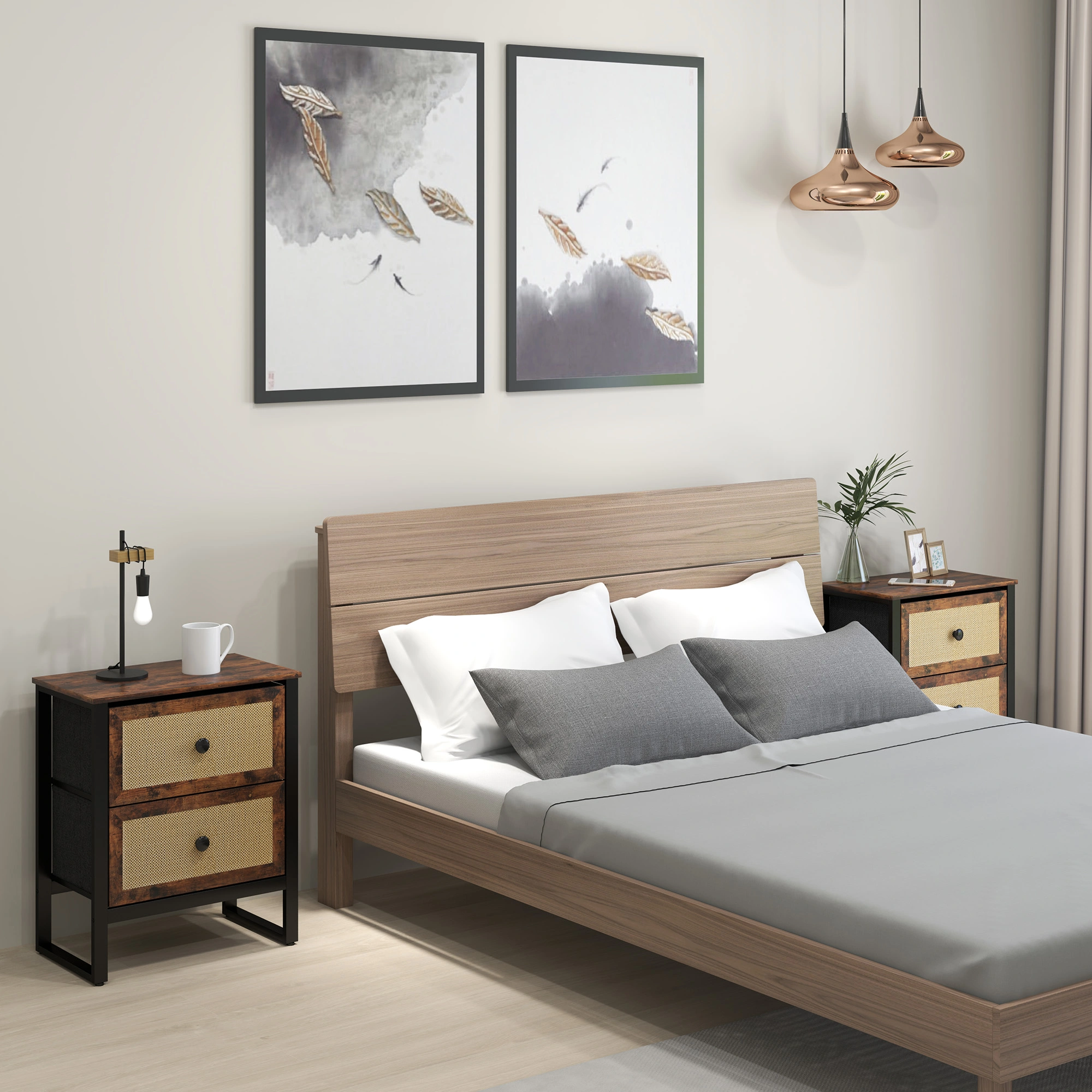 Contemporary Bedside Tables with Charging Station, Nightstand with LED Light, Bedroom Storage Table