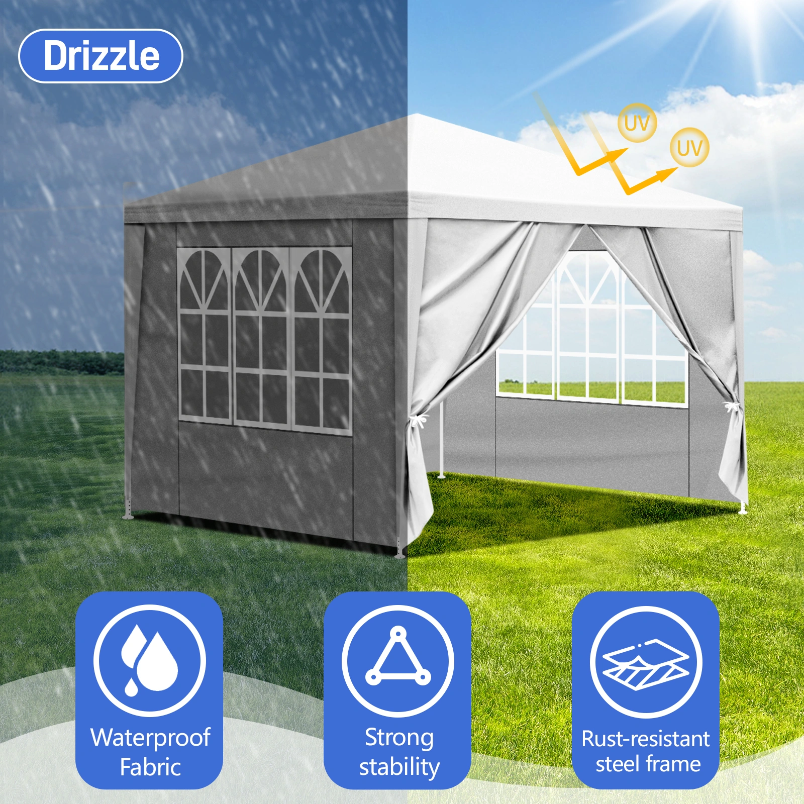 3x3m Portable Waterproof Tent Four Sides Outdoor Camping Home Use with Spiral Tubes Frame White view 2