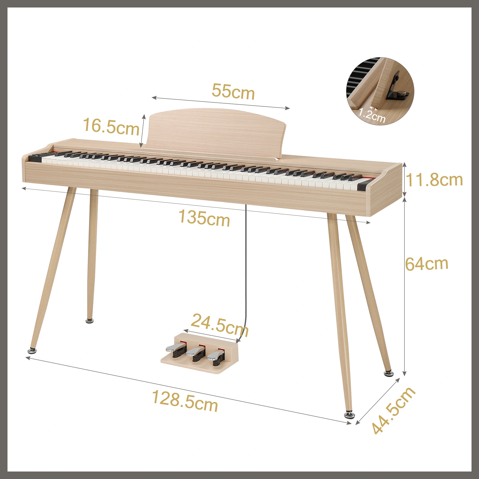 Glarry GDP-203 88-Key Weighted Digital Piano Keyboard, Full Size with Metal Stand, Triple Pedals, Power Adapter & Headphones, Wood Finish view 3