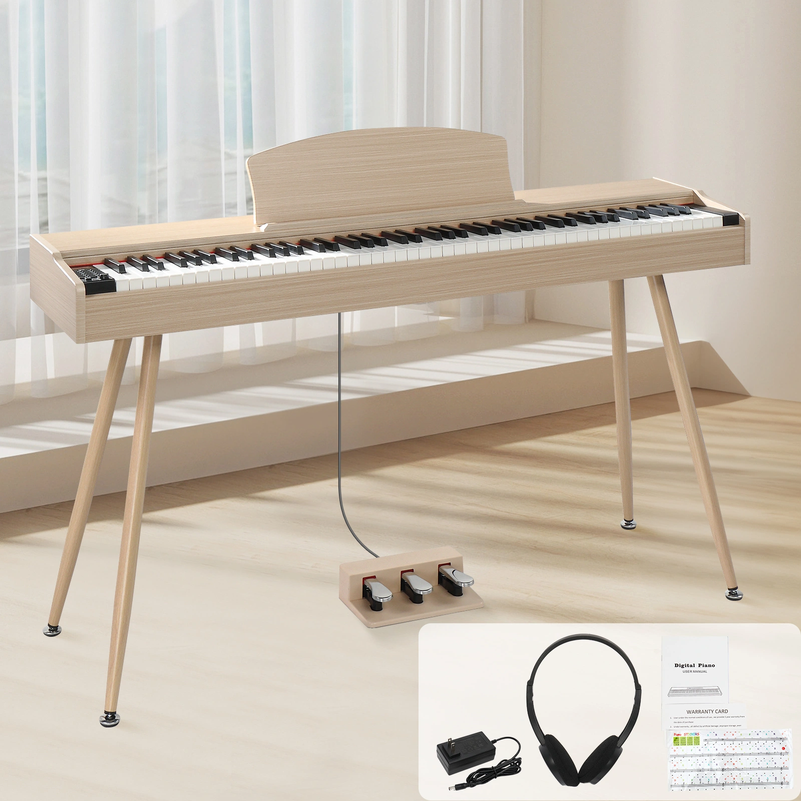 Glarry GDP-203 88-Key Weighted Digital Piano Keyboard, Full Size with Metal Stand, Triple Pedals, Power Adapter & Headphones, Wood Finish view 5