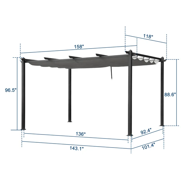 143.1" x 101.4" Retractable Canopy Metal Pergola, Heavy Duty Powder Coated Iron Frame Patio Pergola with Adjustable PA Coated Oxford Fabric Shade Canopy for Backyard Garden Lawn, Dark Gray view 4