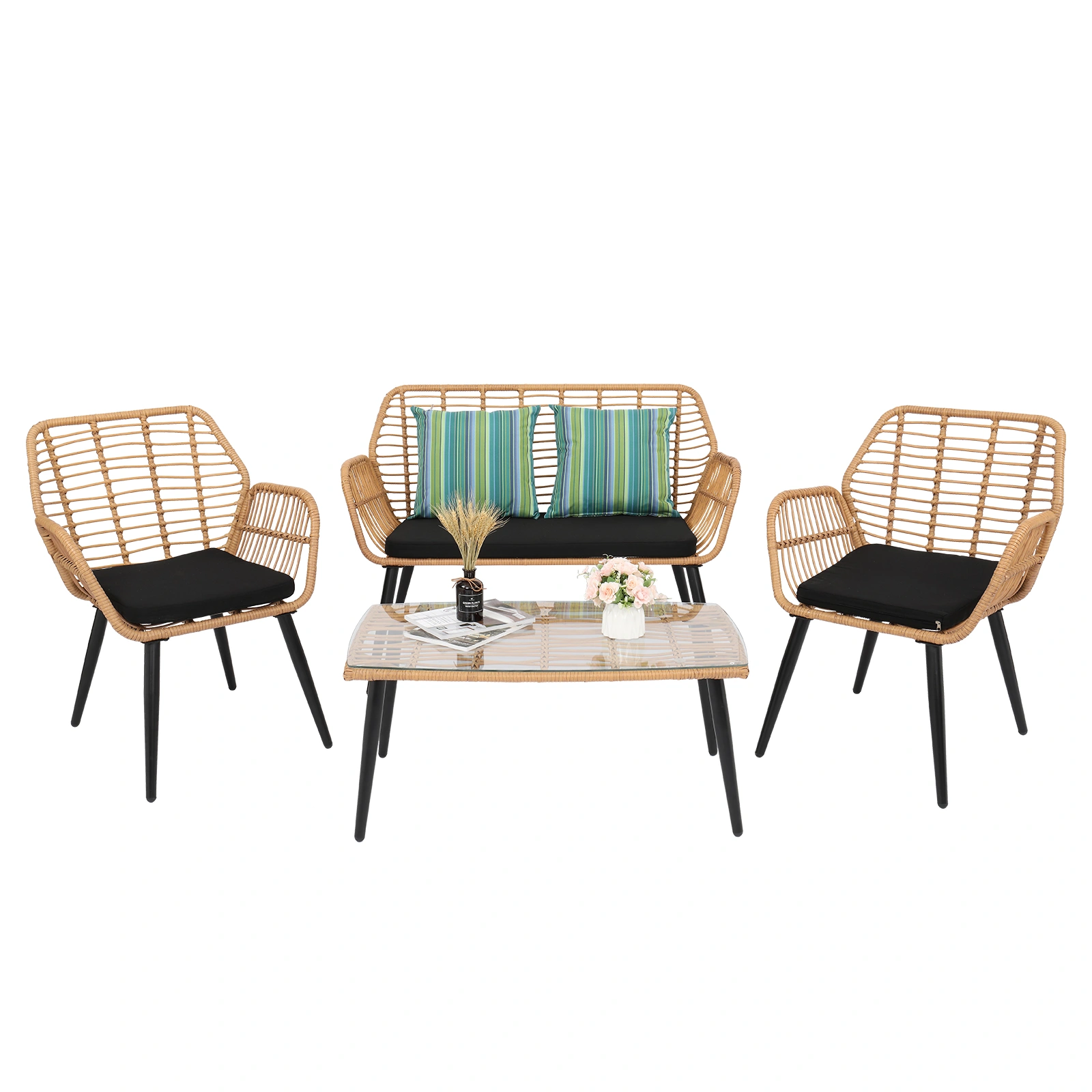 4-Piece PE Wicker Rattan Patio Furniture Set Outdoor Garden Sofa Chair with Steel Frame Yellow view 2