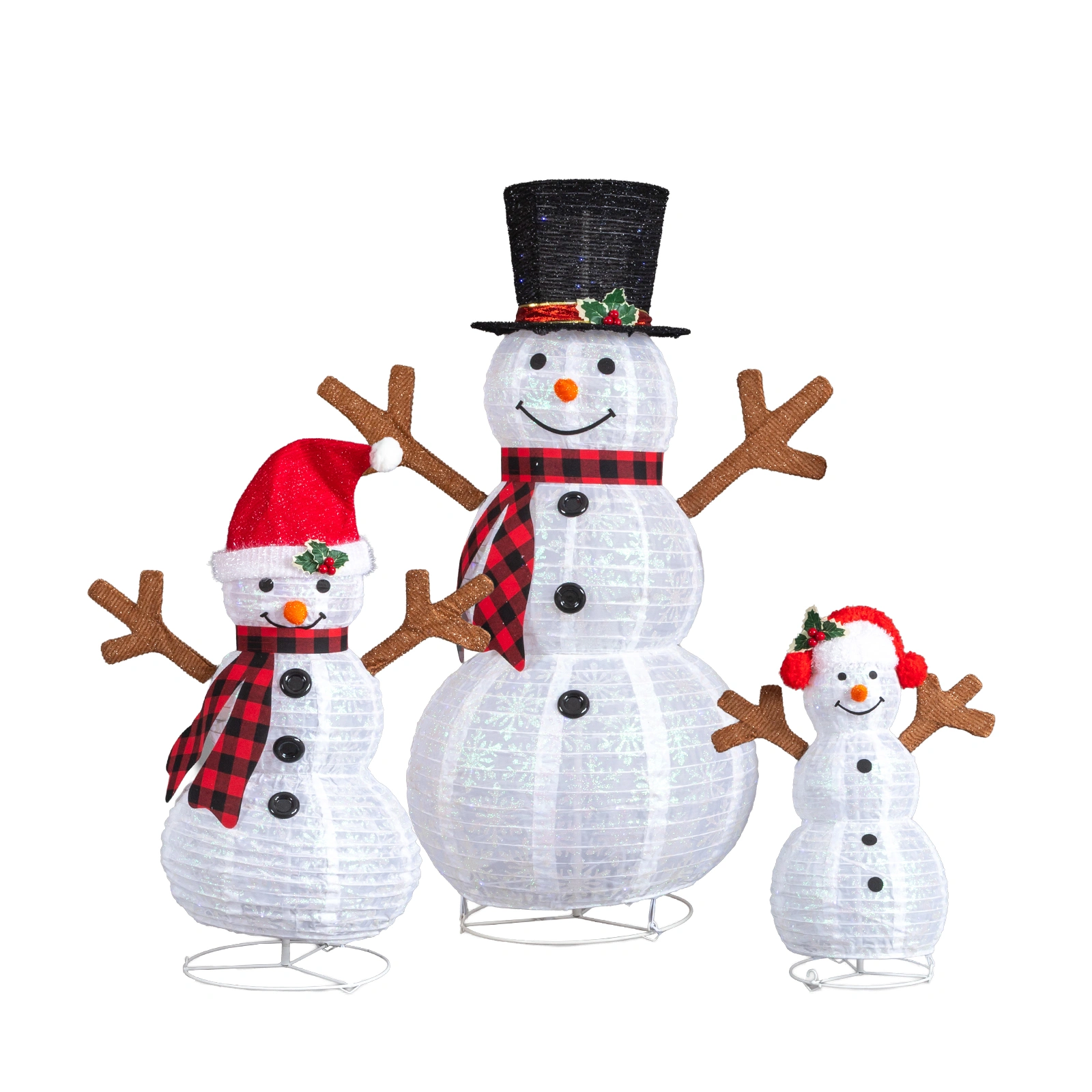 Set of 3 Lighted Snowman Family Christmas Yard Decor, Pre-lit Pull Up 60/90/120cm with 270 White LEDs, Indoor Outdoor Xmas Display