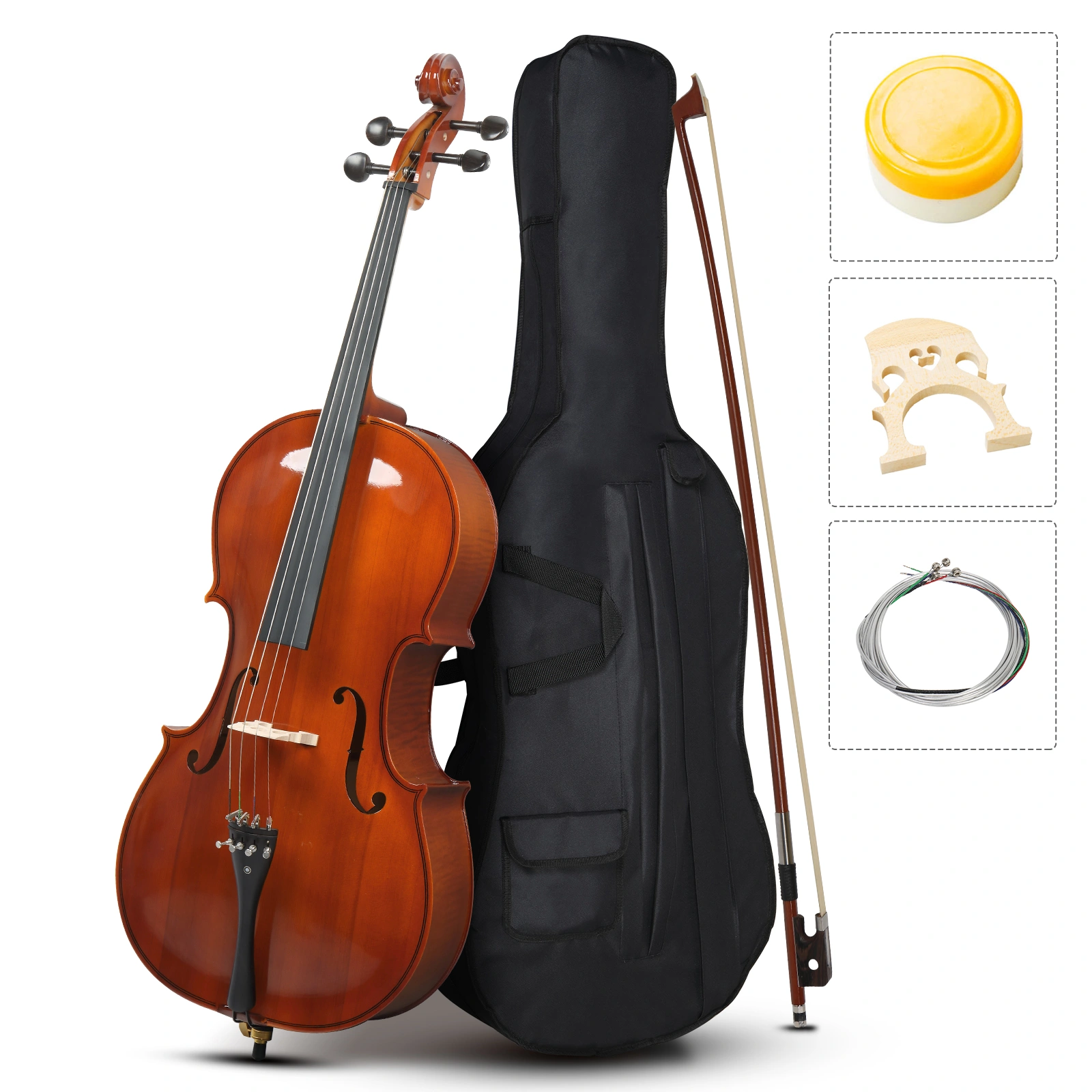 4/4 Full Size Cello Natural Color Spruce Body, Tiger Pattern Top, Complete Set with Bag Bow Rosin Bridge Strings