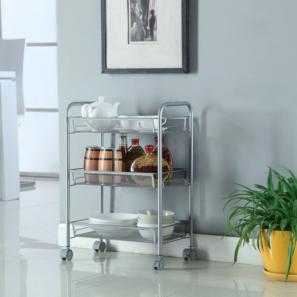 Honeycomb Mesh Storage Cart - 3 Layer Removable Trolley Bin Silver view 2
