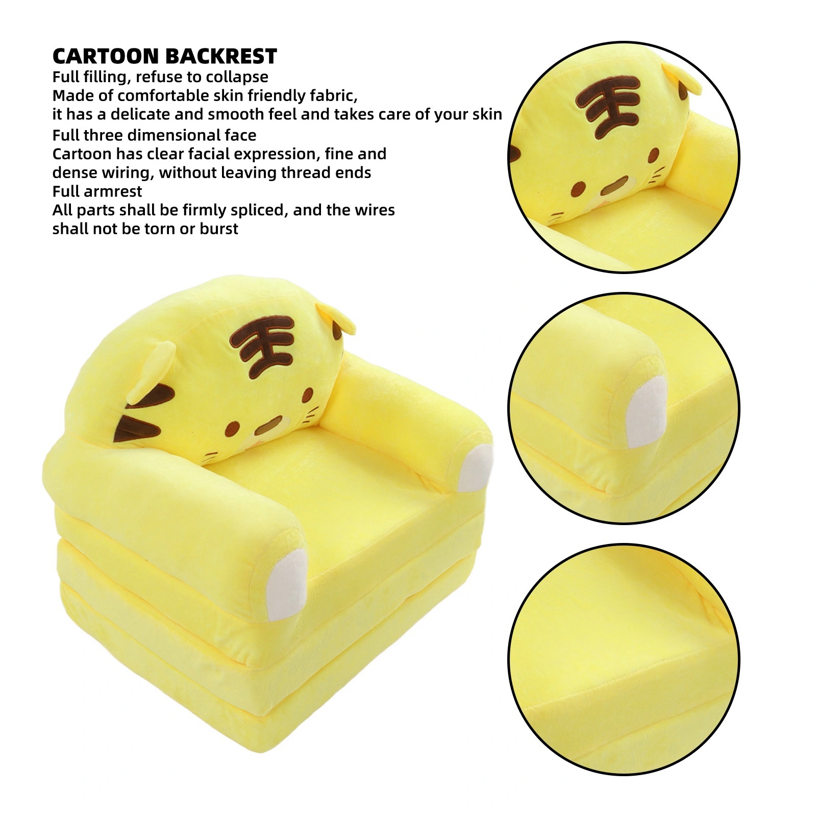 Cute Cartoon Foldable Kids Sofa Bed, 2 in 1 Backrest Armchair Children Folding Couch with Armrests, Yellow Kids Sofa for Living Room Bedroom