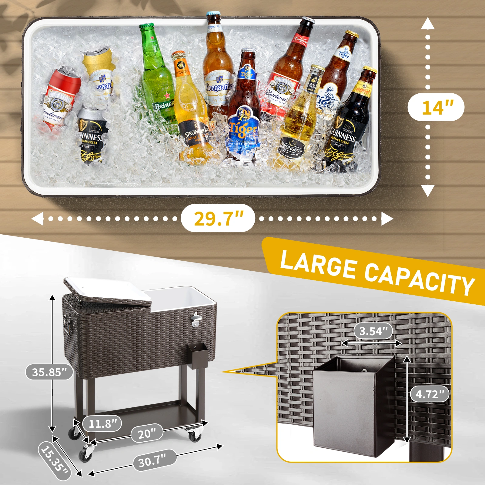 80QT Rattan Square Legs Cooler with Shelf view 3