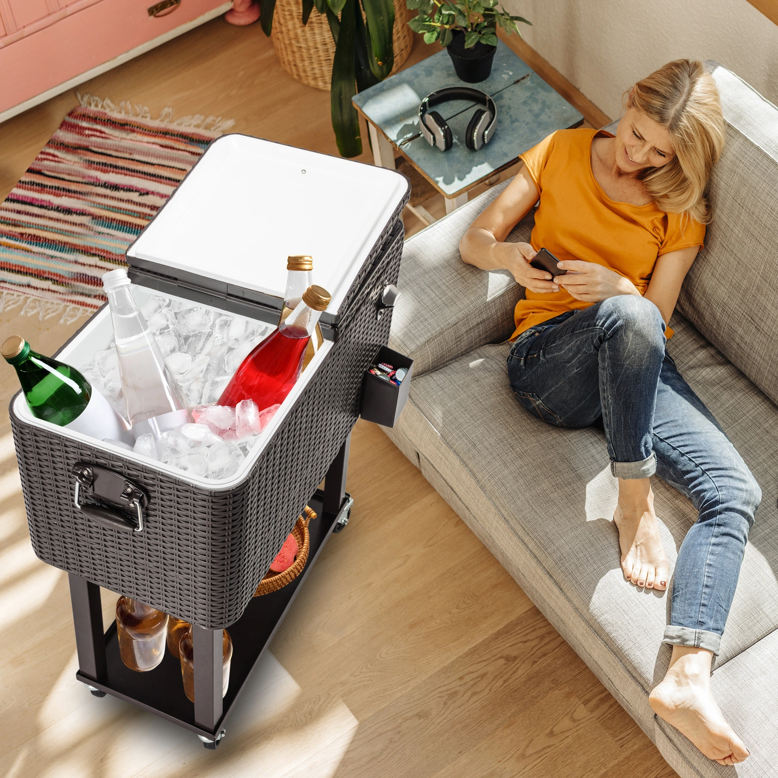 80QT Rattan Square Legs Cooler with Shelf view 38