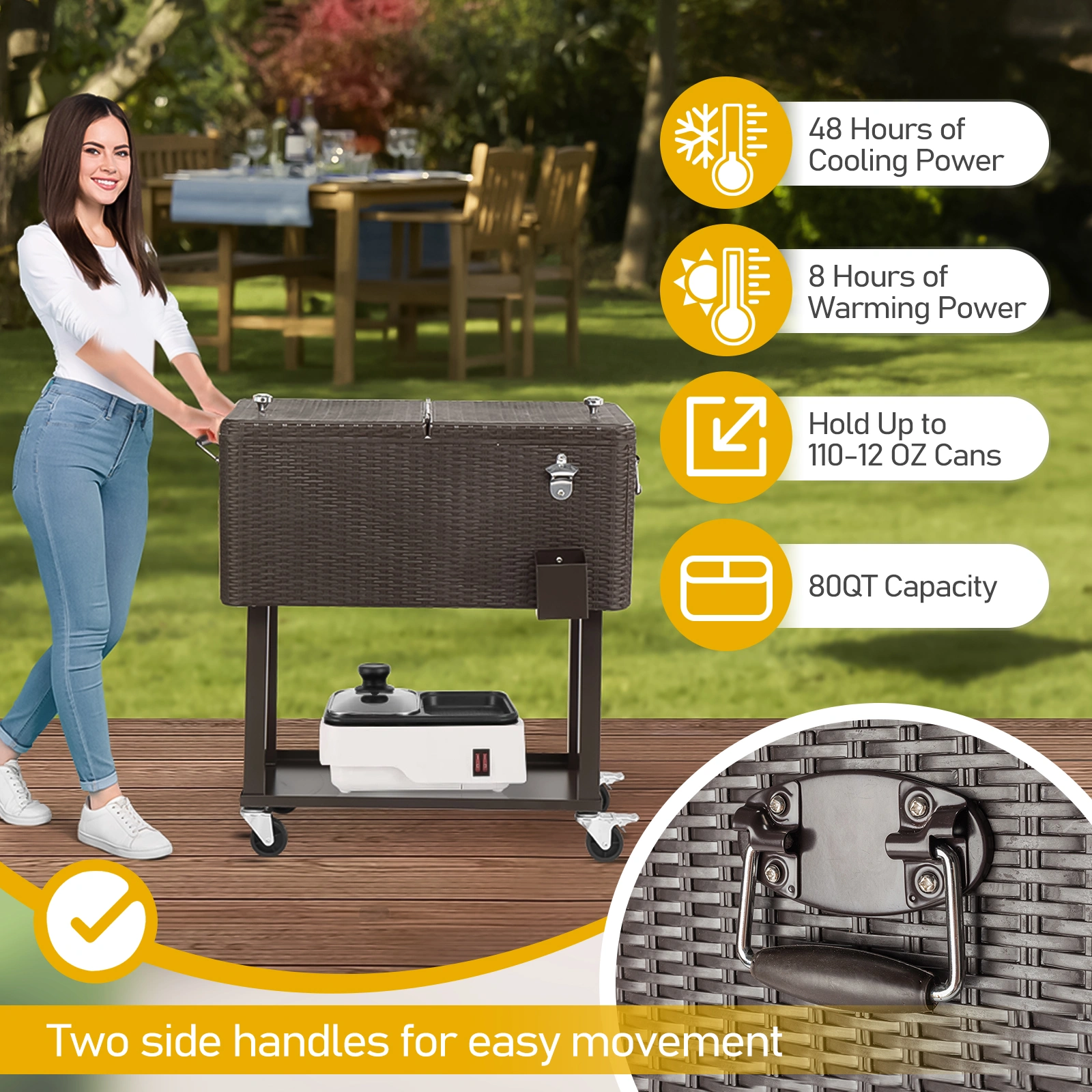 80QT Rattan Square Legs Cooler with Shelf view 5