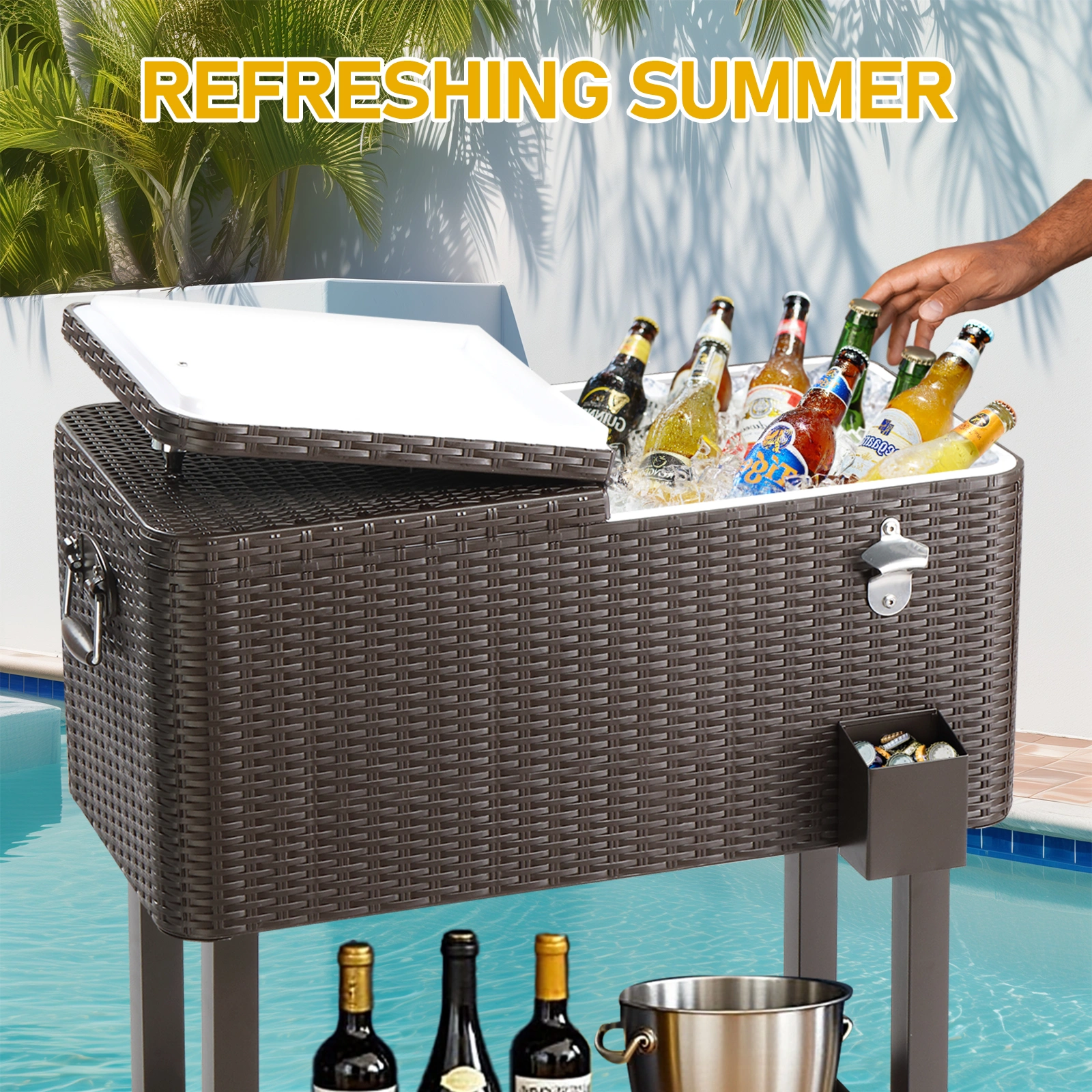 80QT Rattan Square Legs Cooler with Shelf view 7