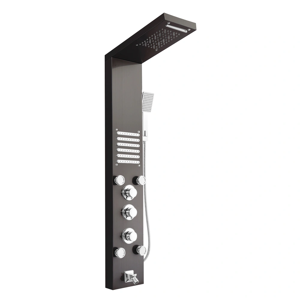 48 in LED Shower Panel Tower System 6 in 1 Multi-Function Stainless Steel Rainfall Waterfall Massage Jets Tub Spout Hand Shower - Black