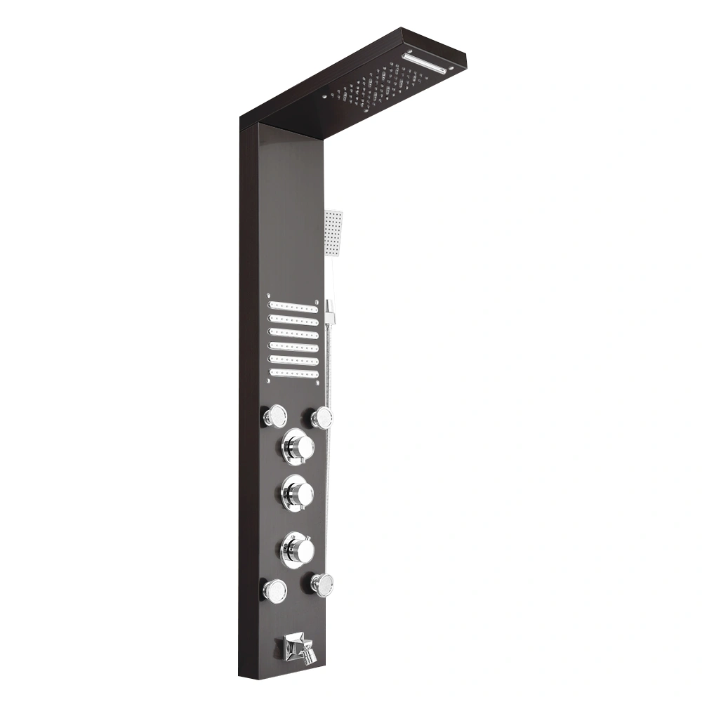 48 in LED Shower Panel Tower System 6 in 1 Multi-Function Stainless Steel Rainfall Waterfall Massage Jets Tub Spout Hand Shower - Black view 2