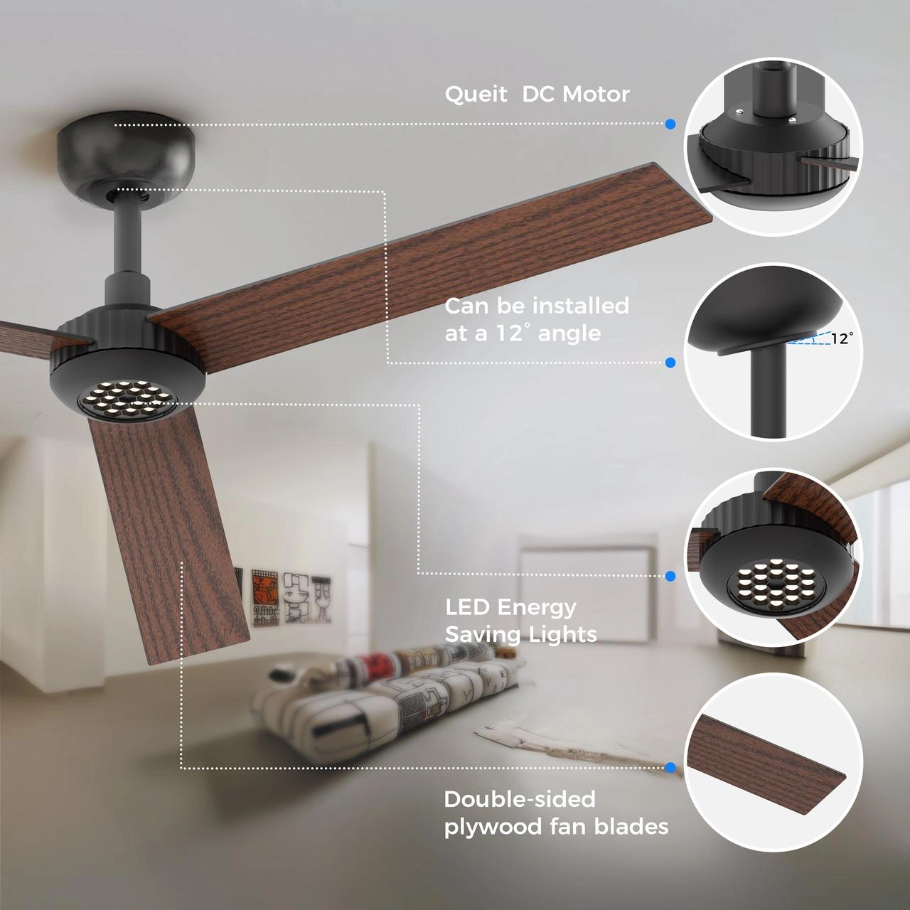52 inch Modern Ceiling Fan with Lights,Remote Control, 3 Plywood Blades,6-Speed,Dimmable, Noiseless Reversible DC Motor,Indoor/Outdoor Ceiling Fan for Living Room Bedroom patio, 3D-X3[Unable ship on weekends, TK/TEMU only for pickup, only TX10643 war view 6