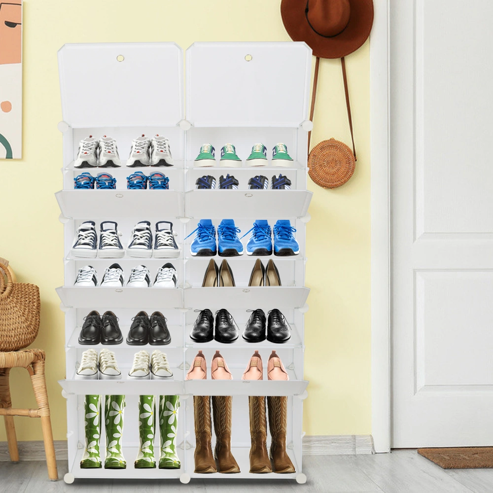 7-Tier Shoe Rack Organizer 28 Pair Expandable Tower with 14 Grids for Heels Boots Slippers, White
