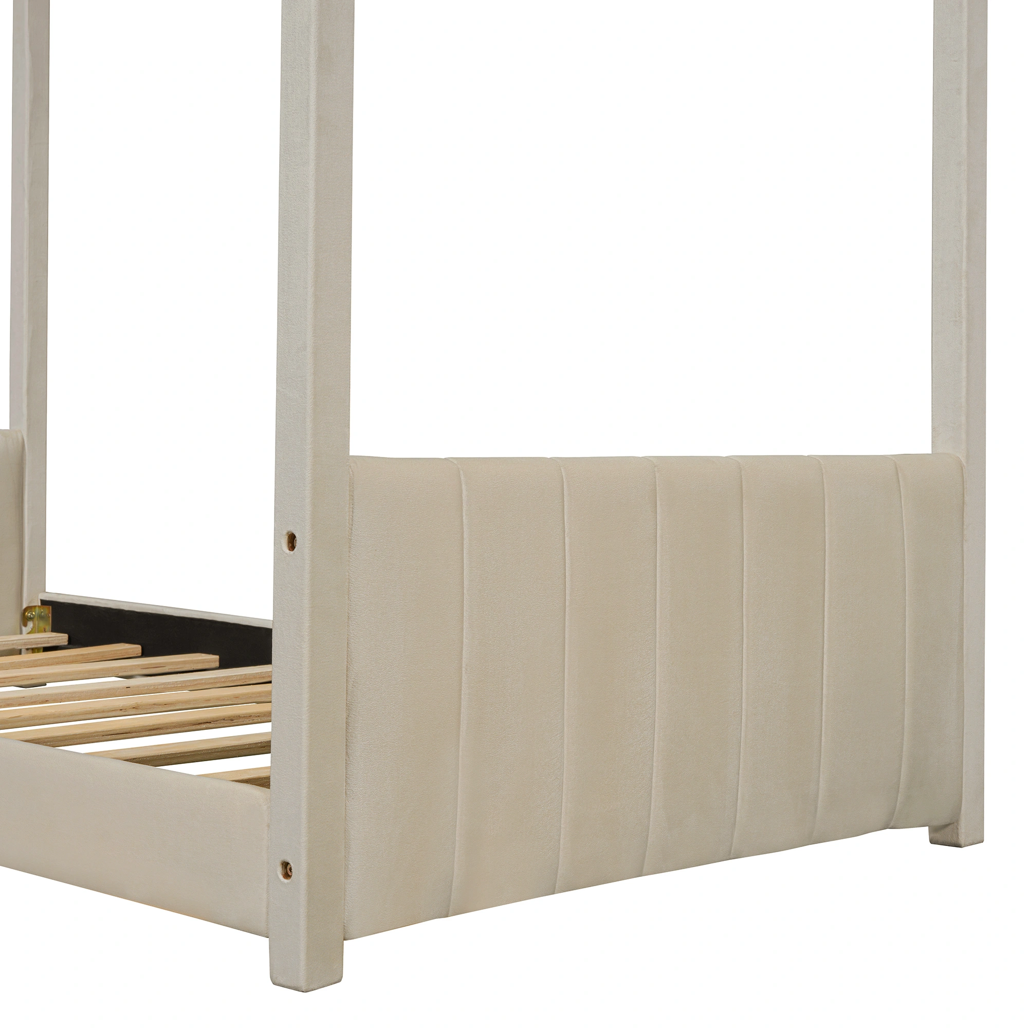 Twin Size Velvet Upholstered Bed Frame with Tufted Headboard, Solid Wood Platform Bed, Beige view 7