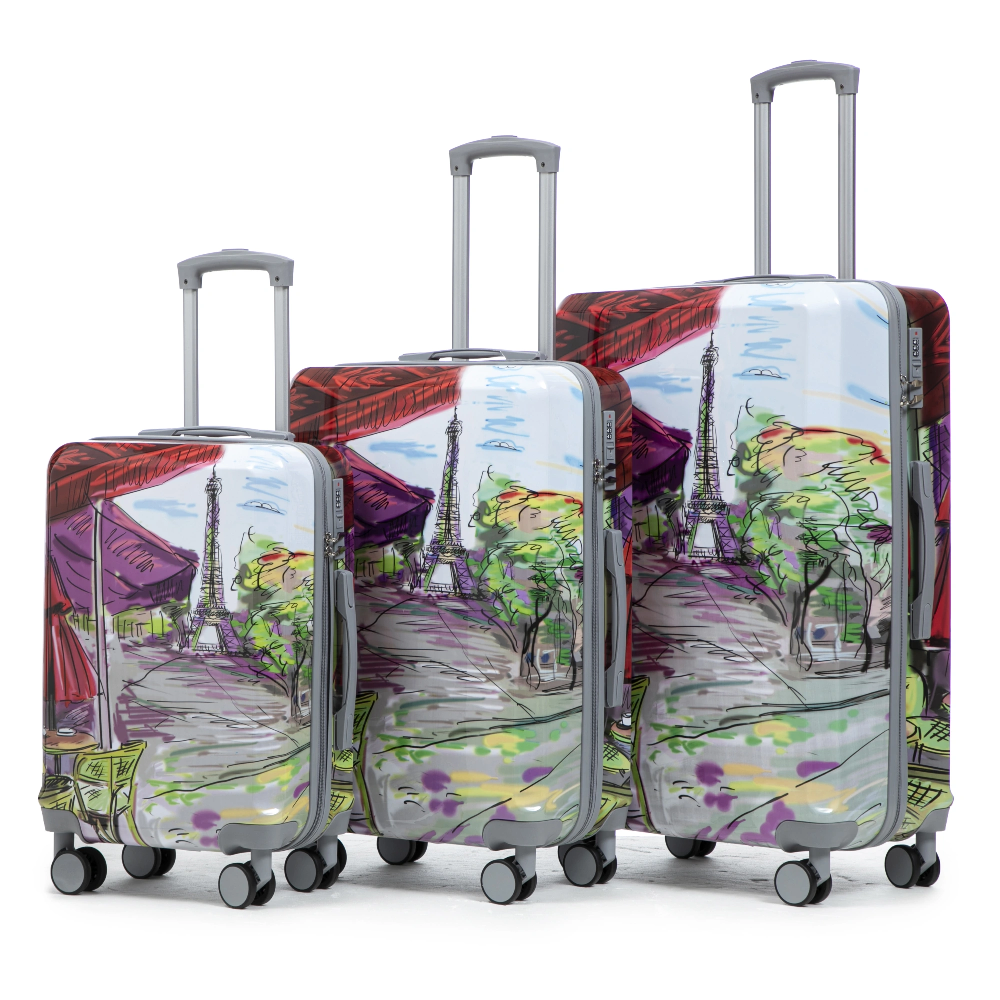 3 Piece PC Spinner Luggage Set 20/24/28 inch, Hardshell Suitcase with Wheels, Combination Lock, Carry On, Printed Pattern - Coffee