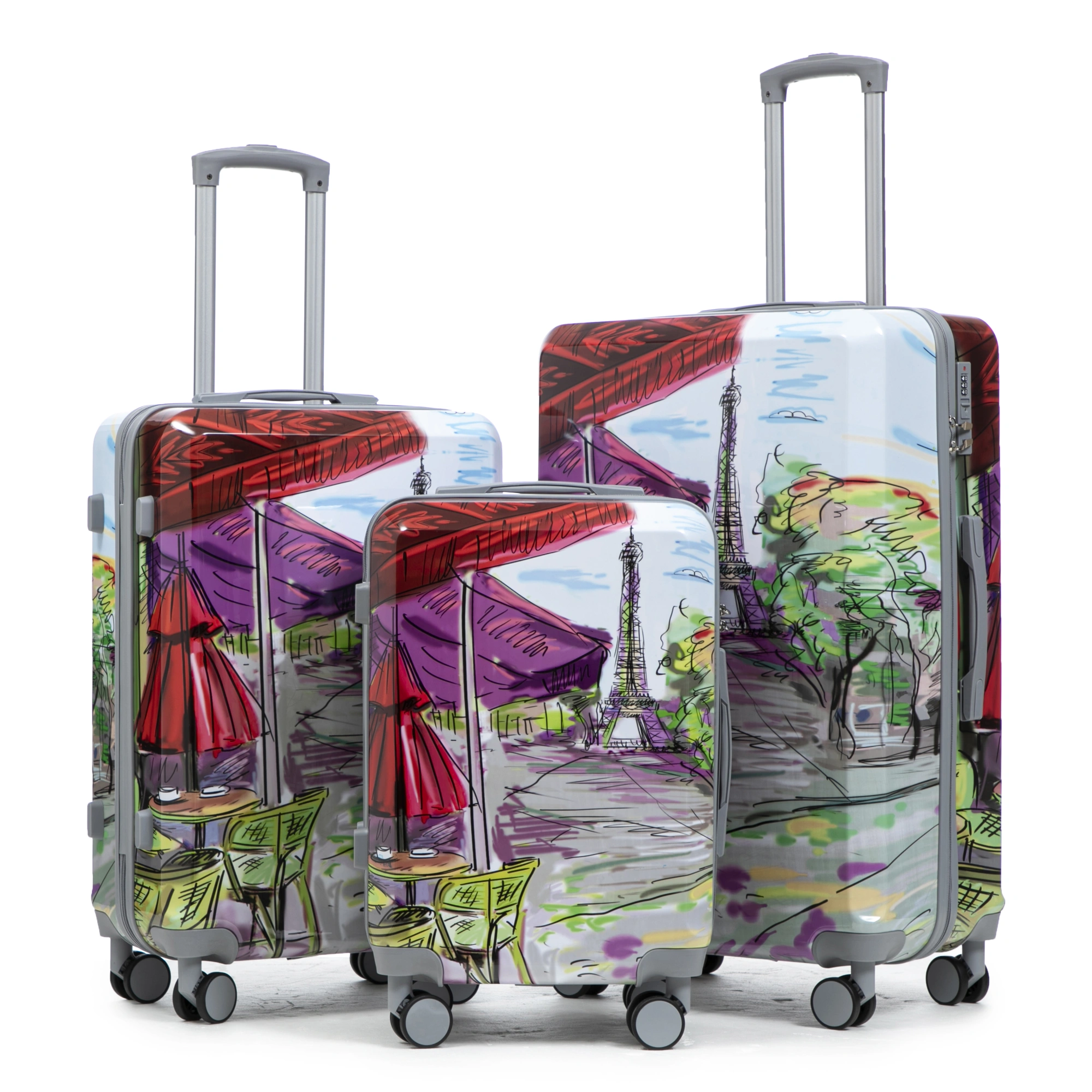 3 Piece PC Spinner Luggage Set 20/24/28 inch, Hardshell Suitcase with Wheels, Combination Lock, Carry On, Printed Pattern - Coffee view 20