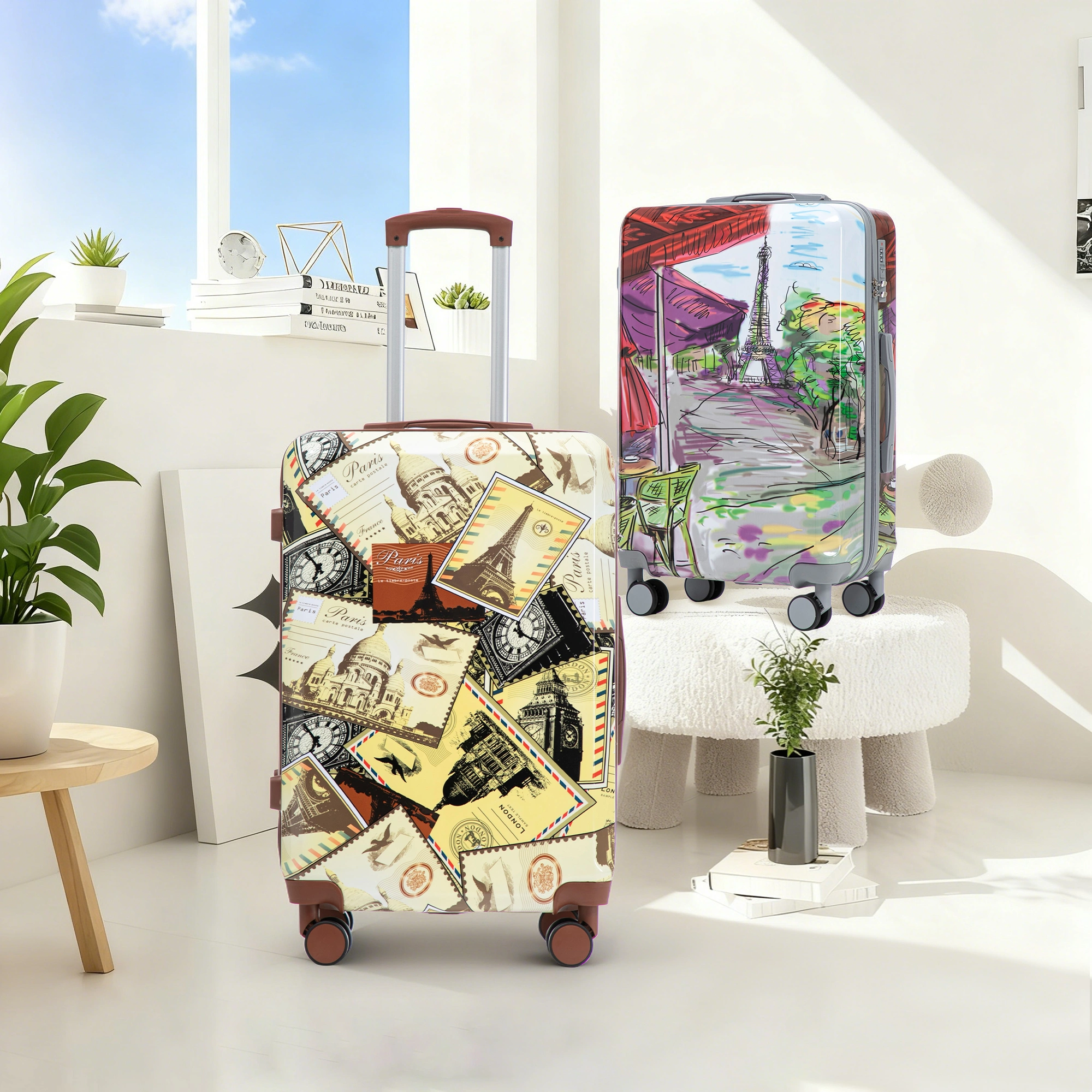 3 Piece PC Spinner Luggage Set 20/24/28 inch, Hardshell Suitcase with Wheels, Combination Lock, Carry On, Printed Pattern - Coffee view 3