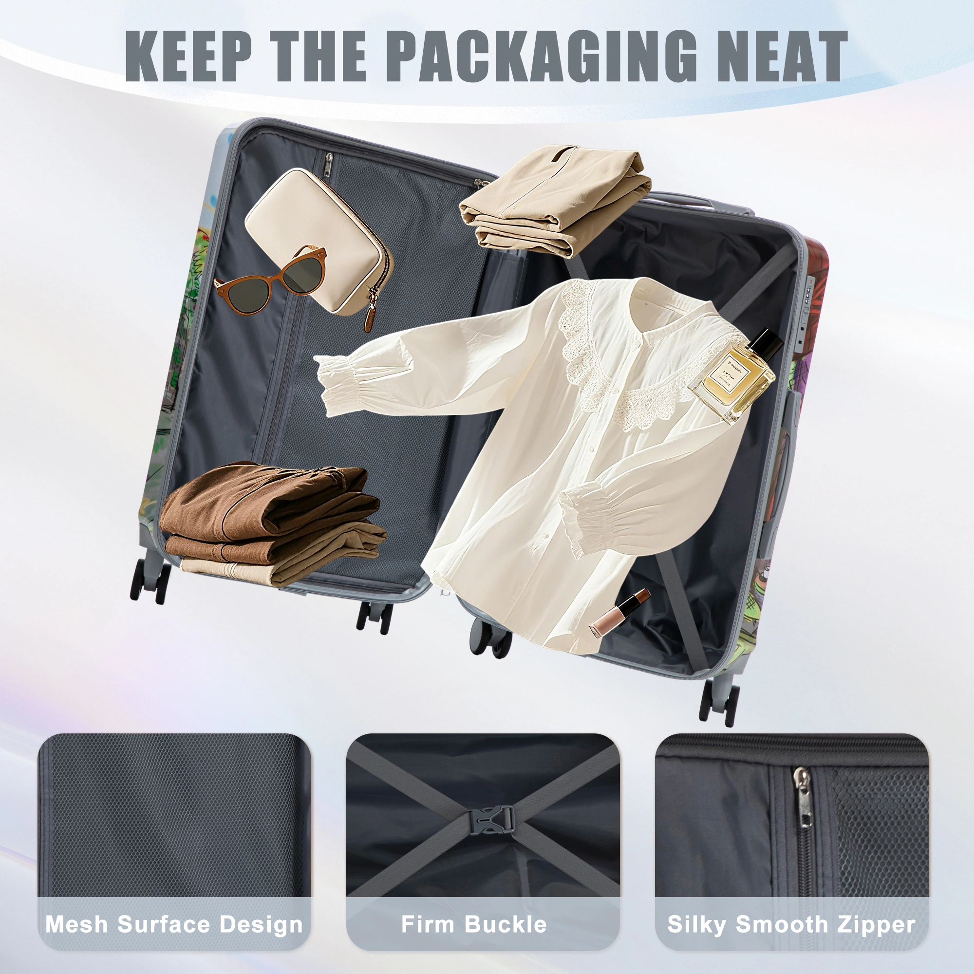 3 Piece PC Spinner Luggage Set 20/24/28 inch, Hardshell Suitcase with Wheels, Combination Lock, Carry On, Printed Pattern - Coffee view 9